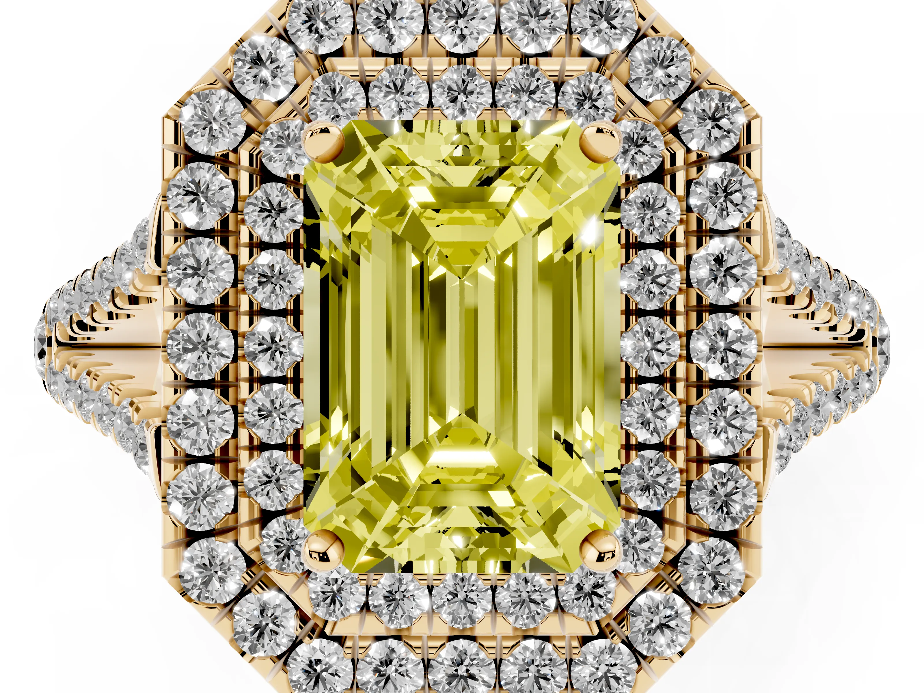 Fancy Yellow Emerald Cut Diamond Double Halo Ring Set in Yellow gold with Pavé Band