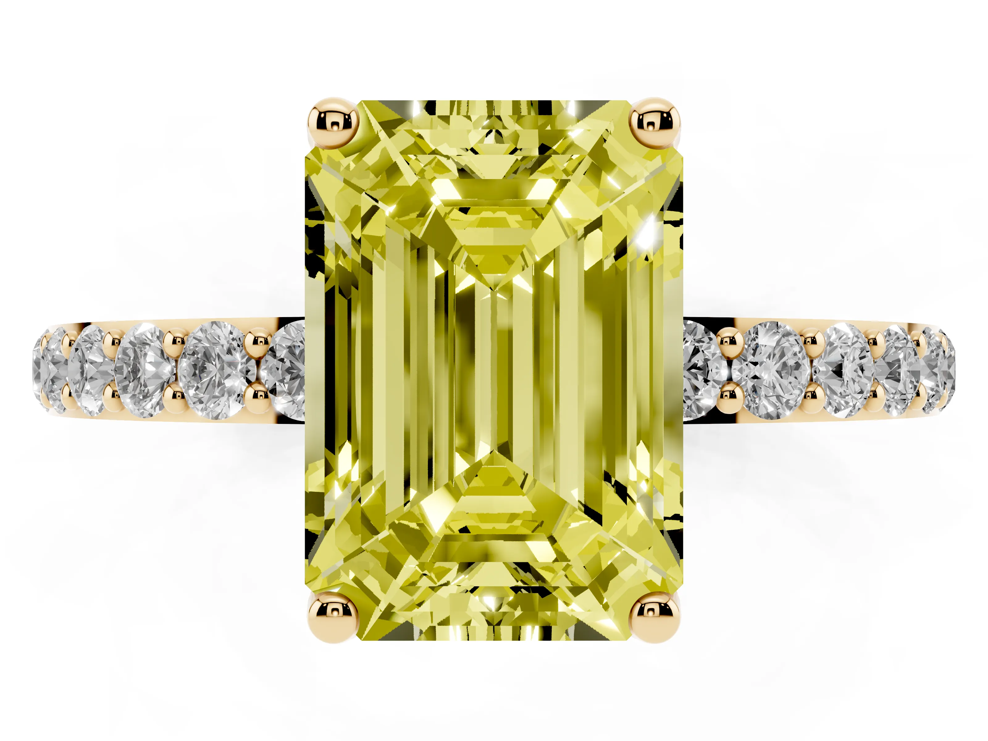 Fancy Yellow Emerald Cut Diamond Solitaire Engagement Ring Set in Yellow gold with Round Pavé Band and Prong Setting