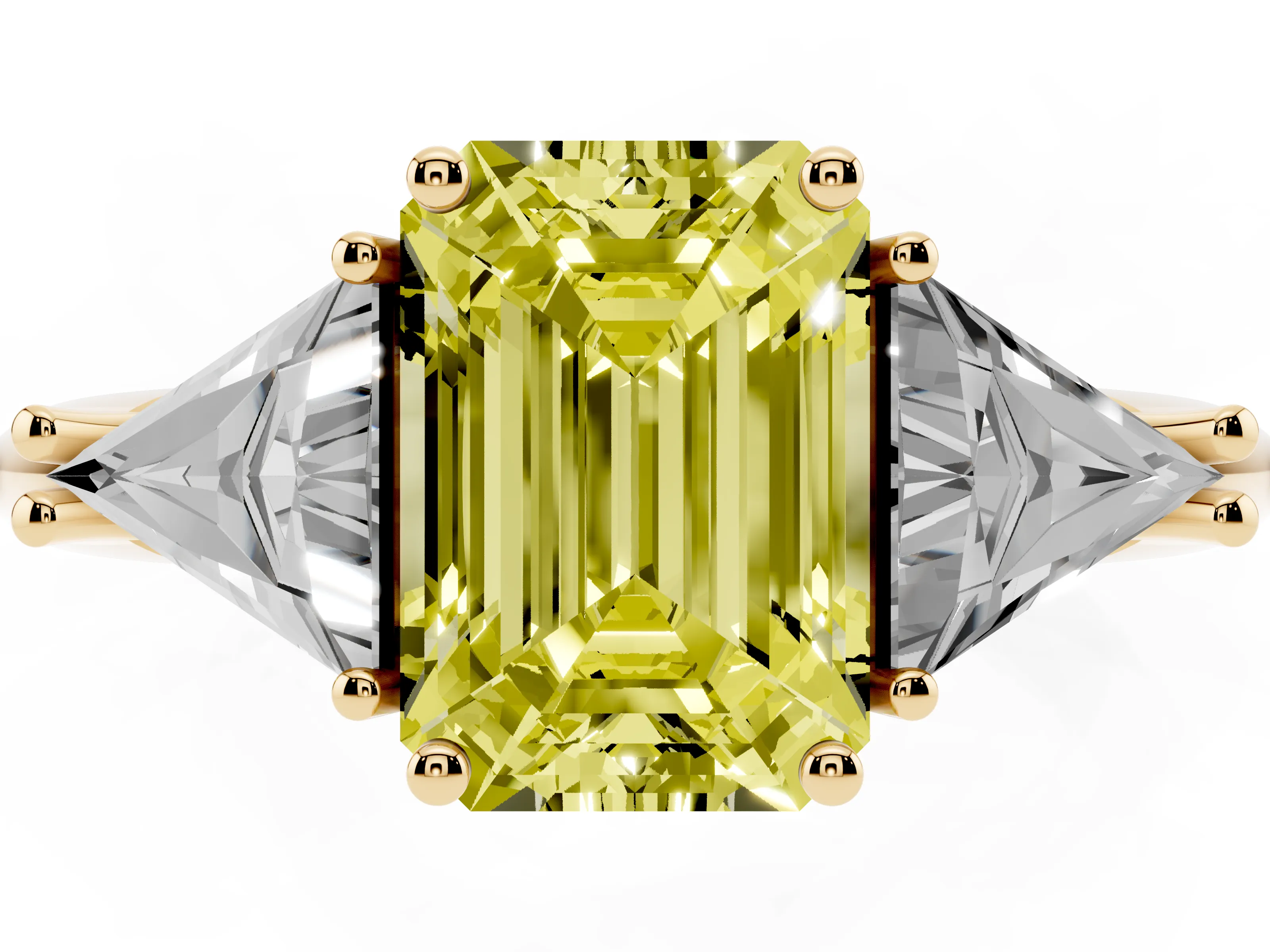 Fancy Yellow Emerald Cut Diamond Three-Stone Engagement Ring Set in Yellow gold with Trillion Side Stones