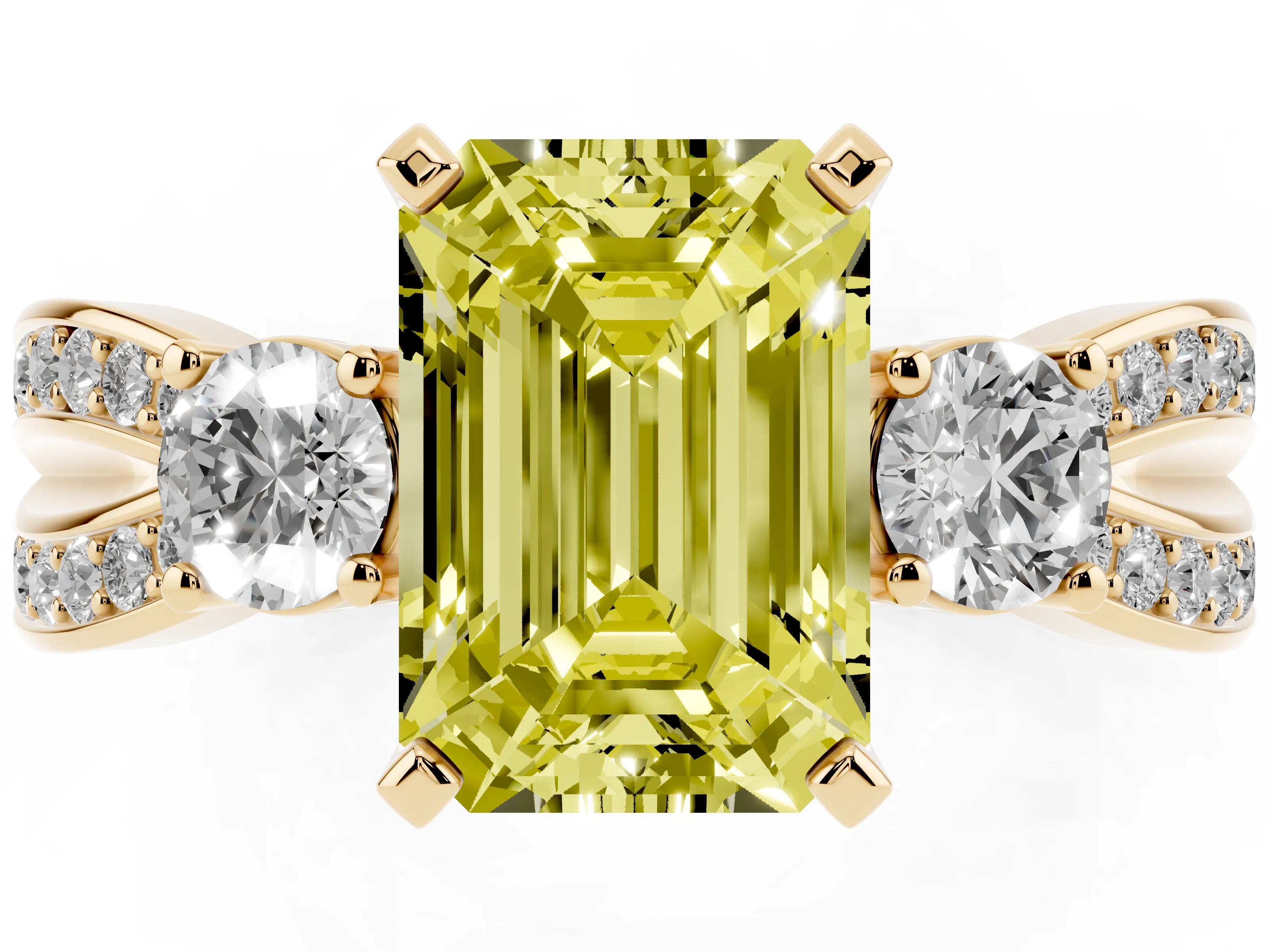 Fancy Yellow Three-Stone Emerald Cut Diamond Twist Band Ring Set in Yellow gold with Pavé Accents and Prong Setting
