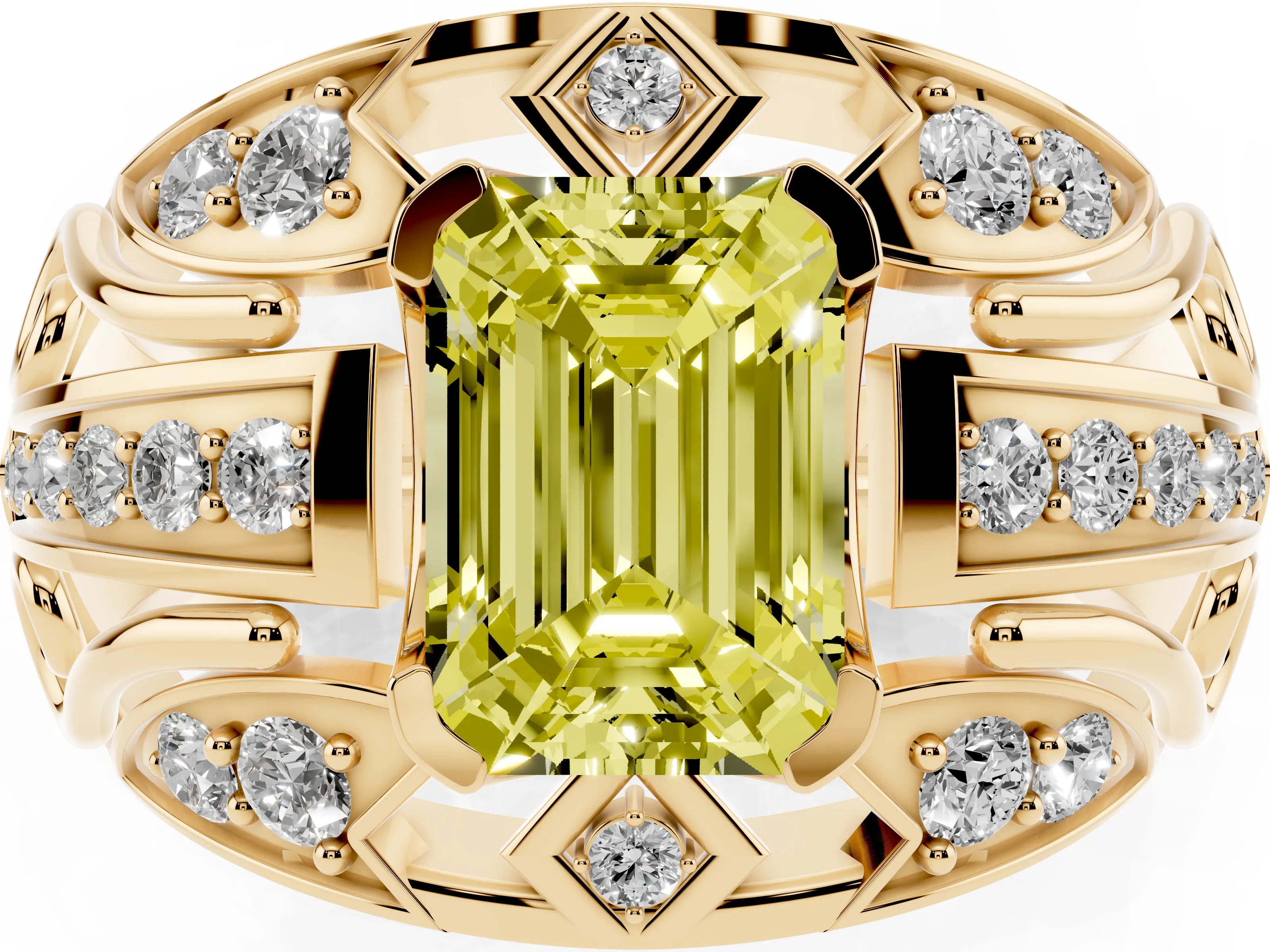 Fancy Yellow Emerald Cut Diamond Art Deco Ring Set in Yellow gold with Pavé Split Shank