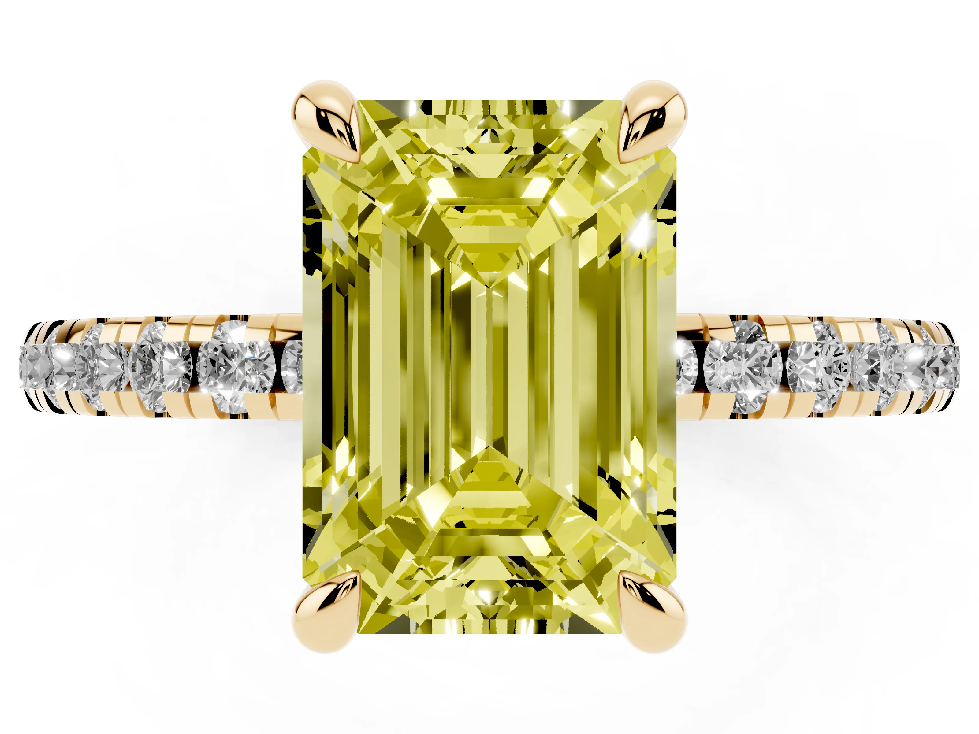 Fancy Yellow Emerald Cut Diamond Brilliant Solitaire Ring Set in Yellow gold with Pavé Band and Prong Setting