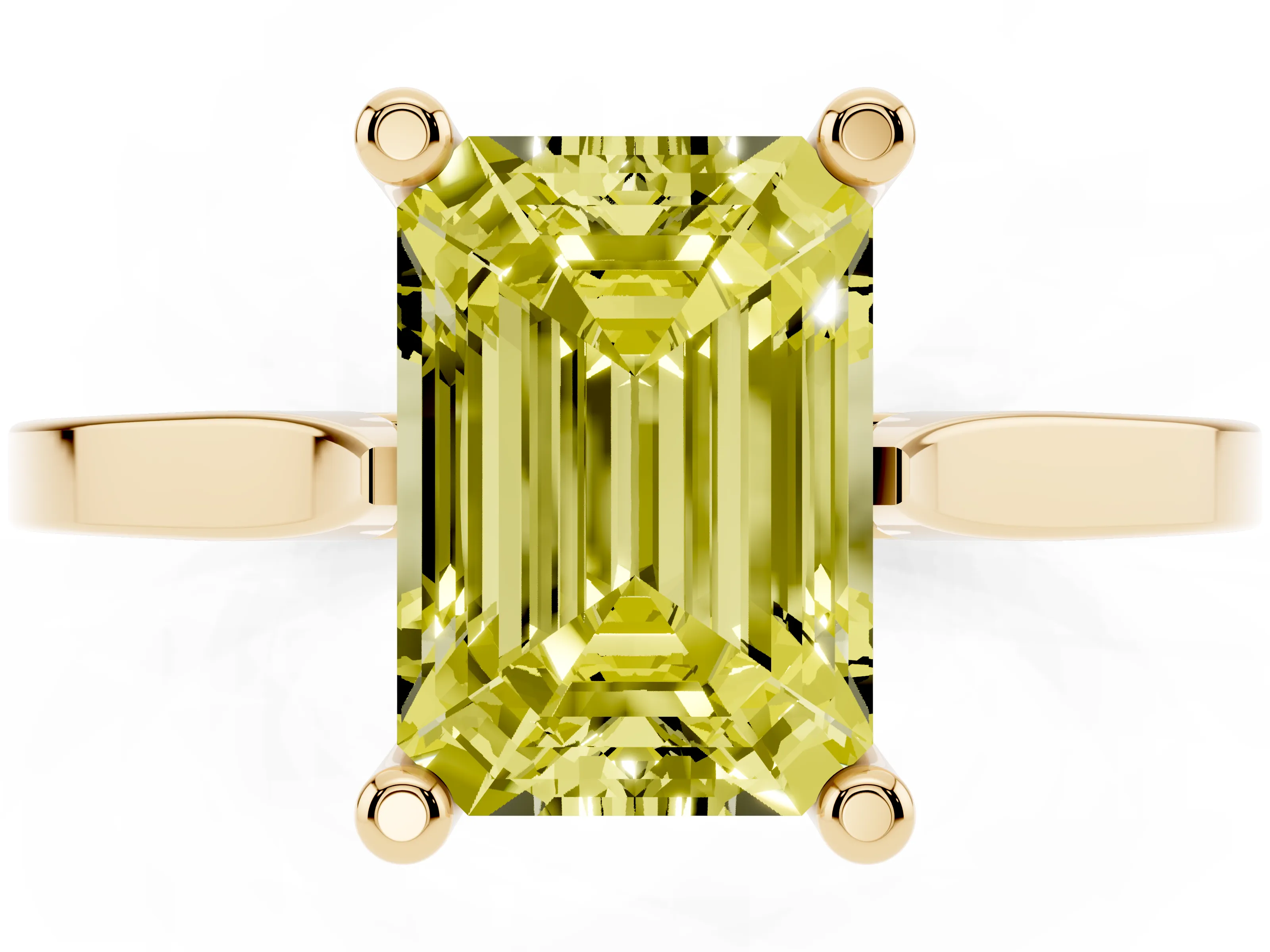 Fancy Yellow Emerald Cut Diamond Solitaire Ring Set in Yellow gold with Prong Setting and Tapered Band