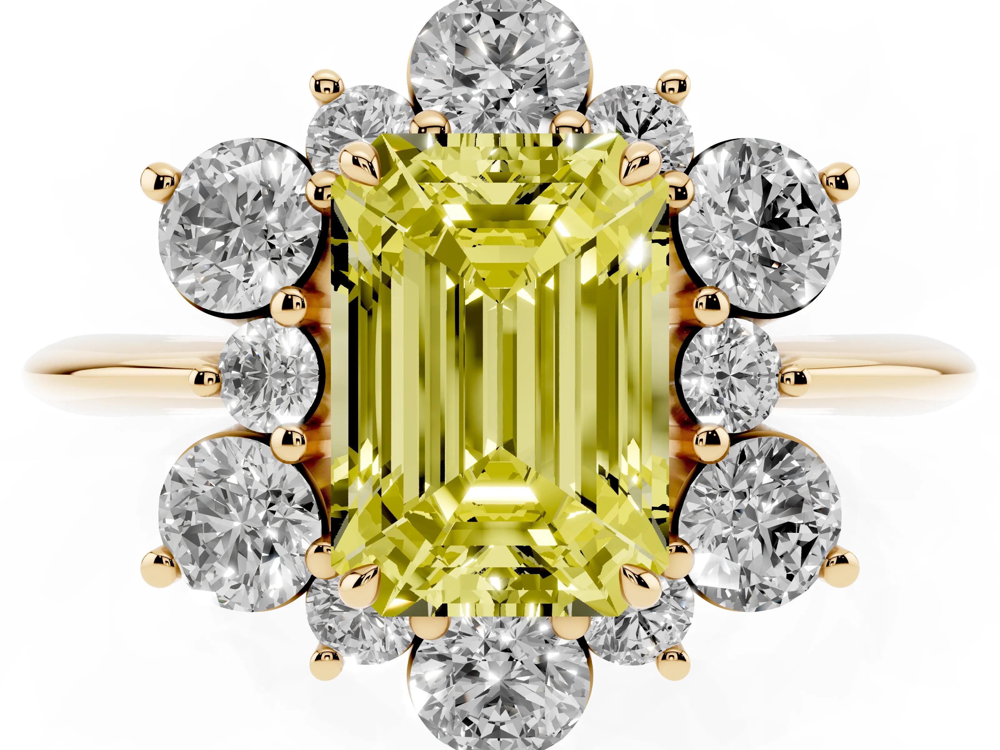 Fancy Yellow Emerald Cut Diamond Cluster Halo Ring Set in Yellow gold with Solitaire Band and Prong Setting
