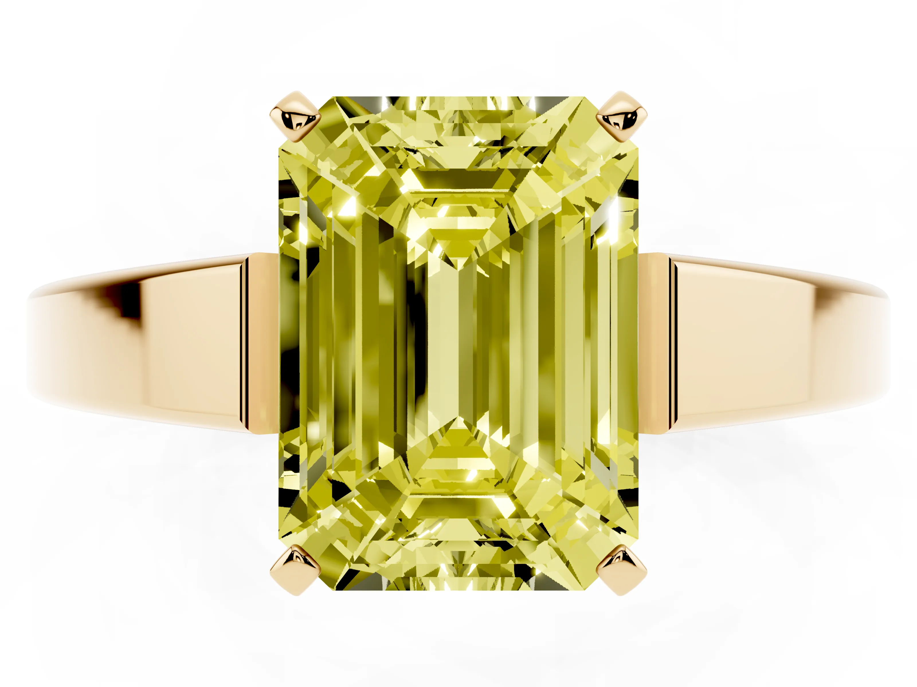 Fancy Yellow Emerald Cut Diamond Solitaire Engagement Ring Set in Yellow gold with Prong Setting and Tapered Band