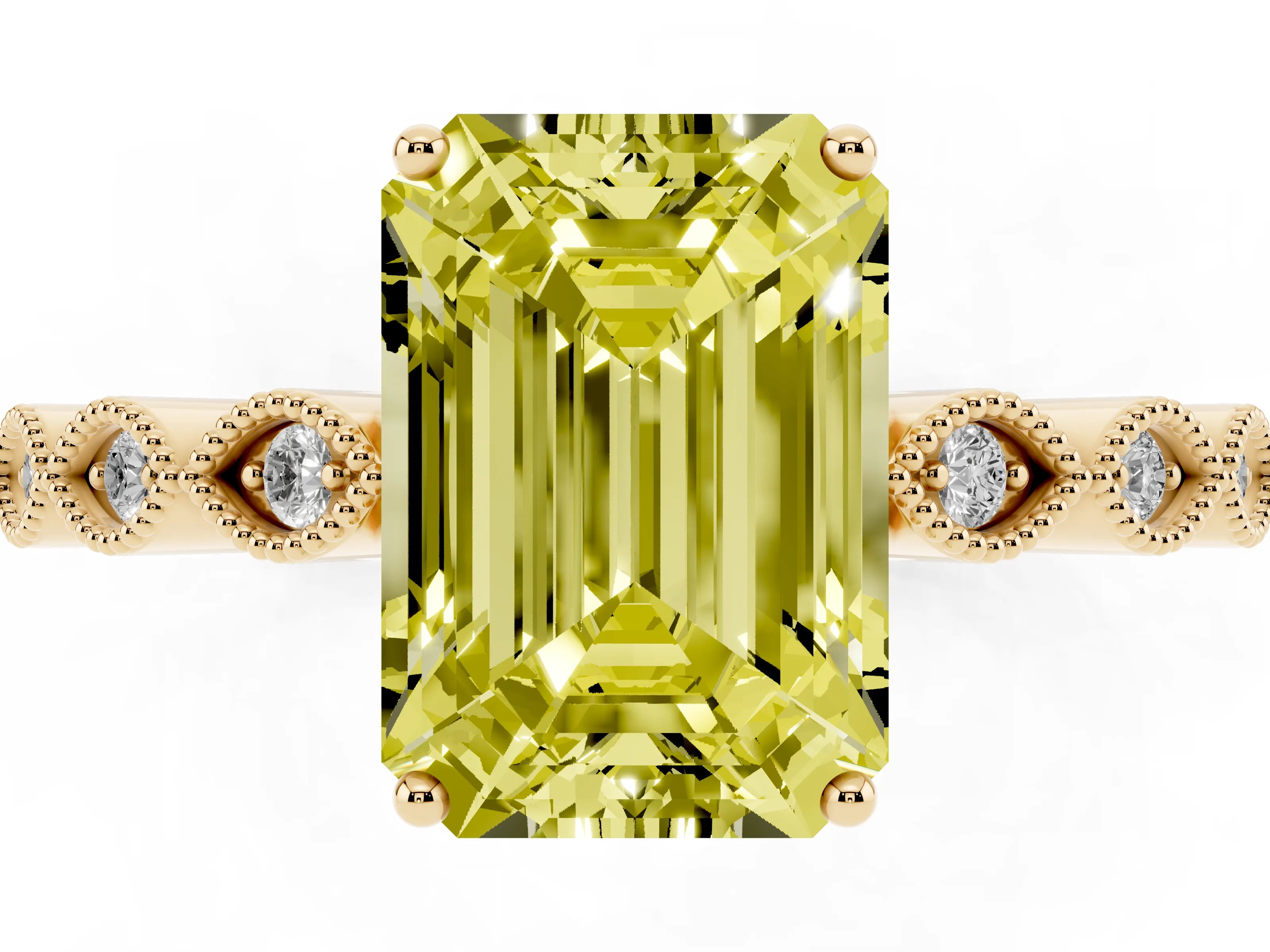 Fancy Yellow Emerald Cut Diamond Solitaire Ring Set in Yellow gold with Infinity Twist Pavé Band