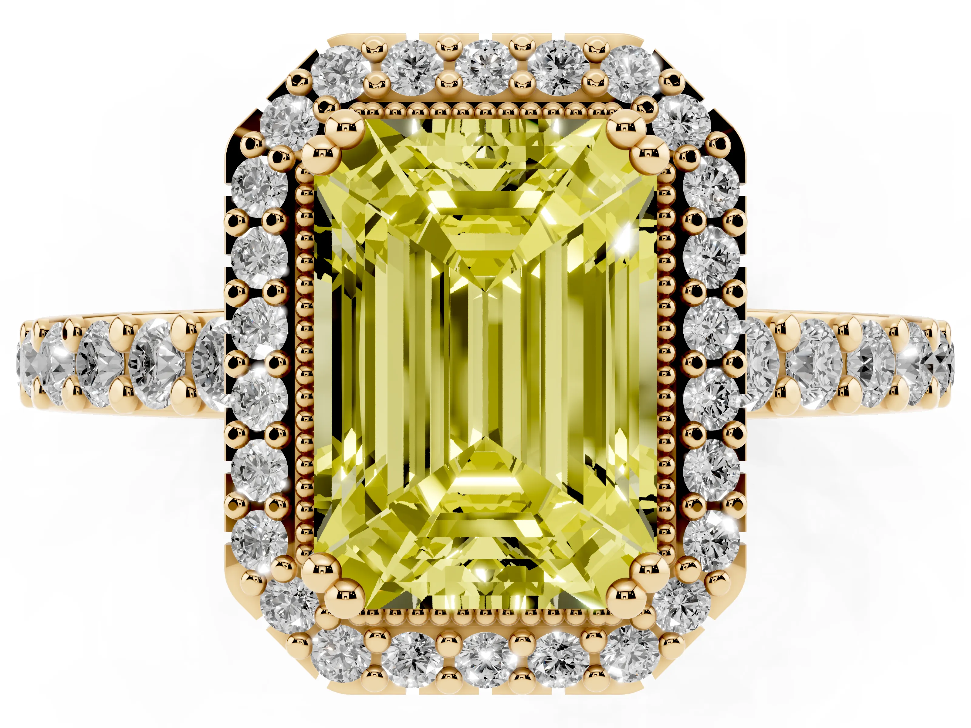 Fancy Yellow Emerald Cut Diamond Halo Engagement Ring Set in Yellow gold with Milgrain Detail and Pavé Band