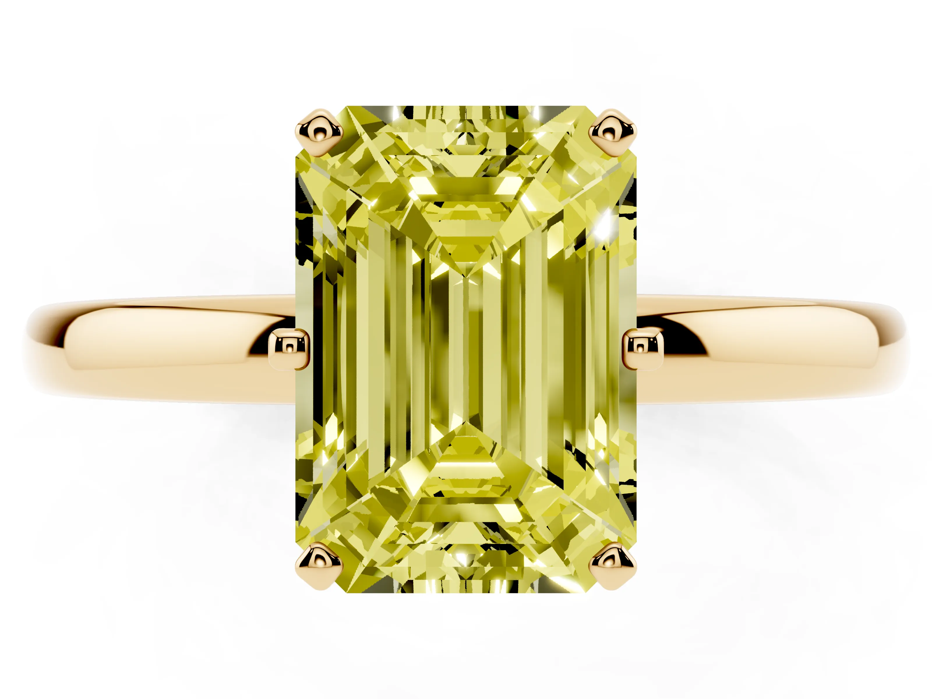 Fancy Yellow Emerald Cut Diamond Solitaire Ring Set in Yellow gold with Raised Prong Setting on a Classic Band