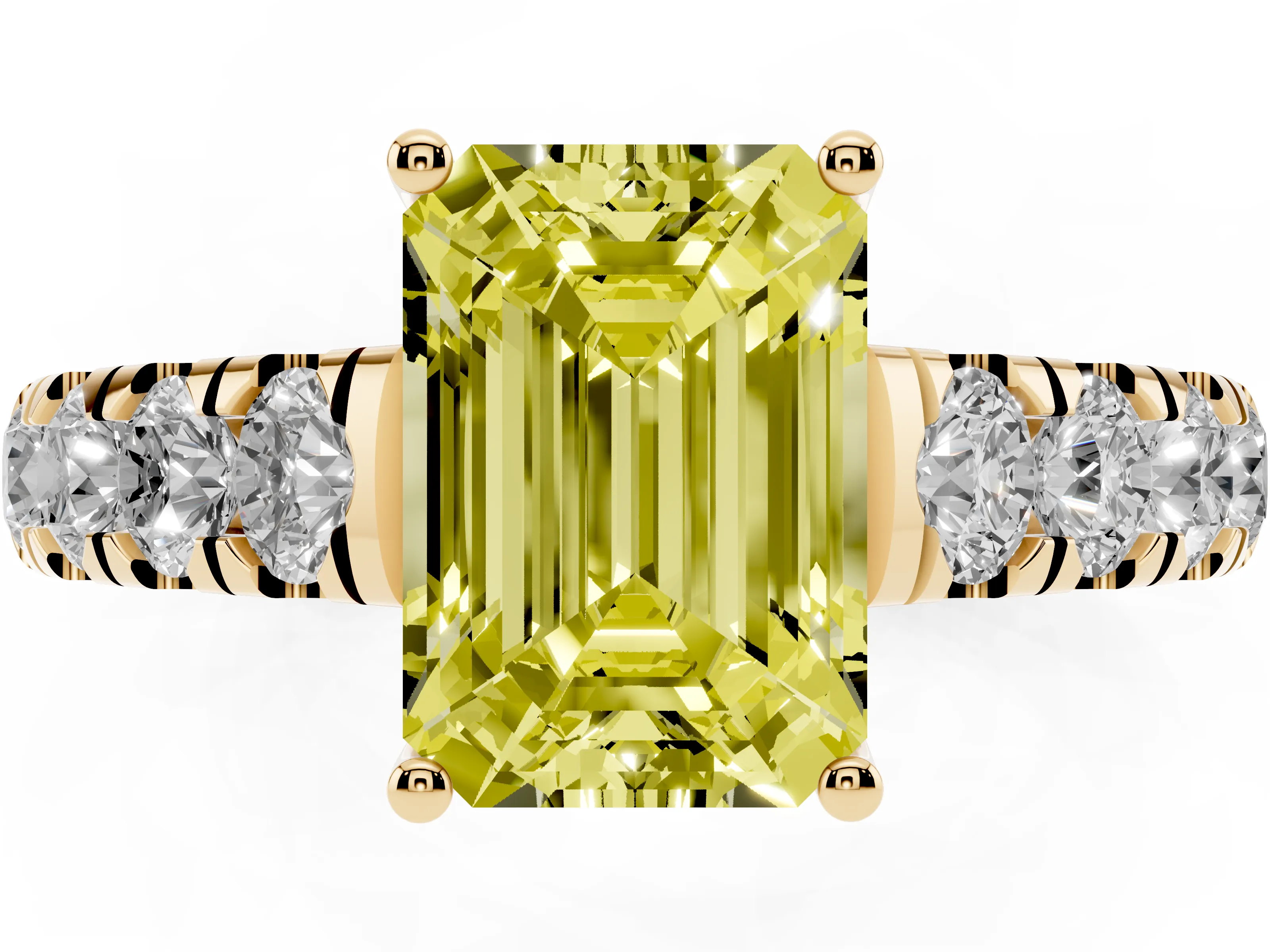 Fancy Yellow Emerald Cut Diamond Solitaire Ring Set in Yellow gold with Cut-Down Micro Pavé Band and Prong Setting