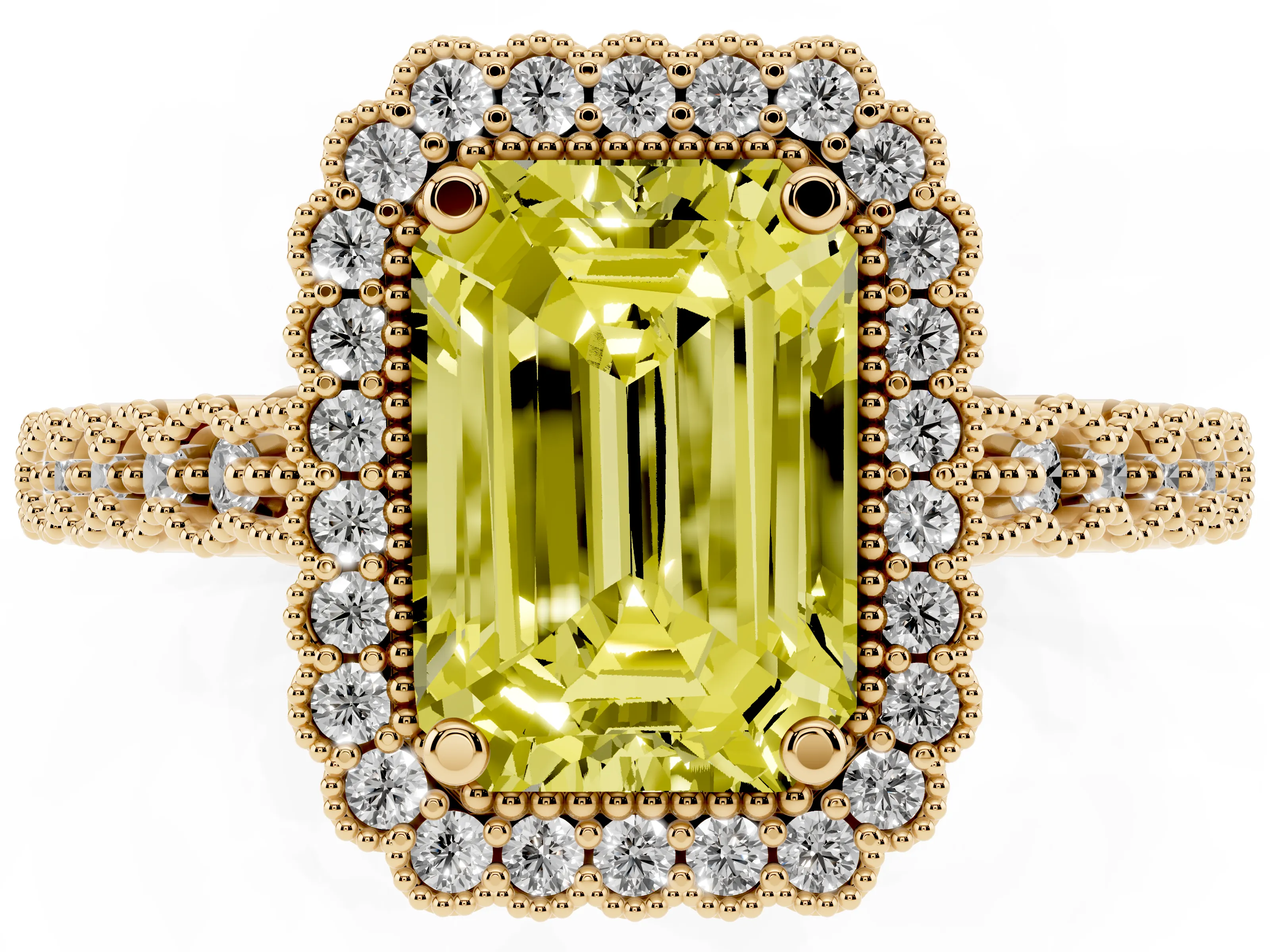 Fancy Yellow Emerald Cut Diamond Halo Ring Set in Yellow gold with Pavé Milgrain Band