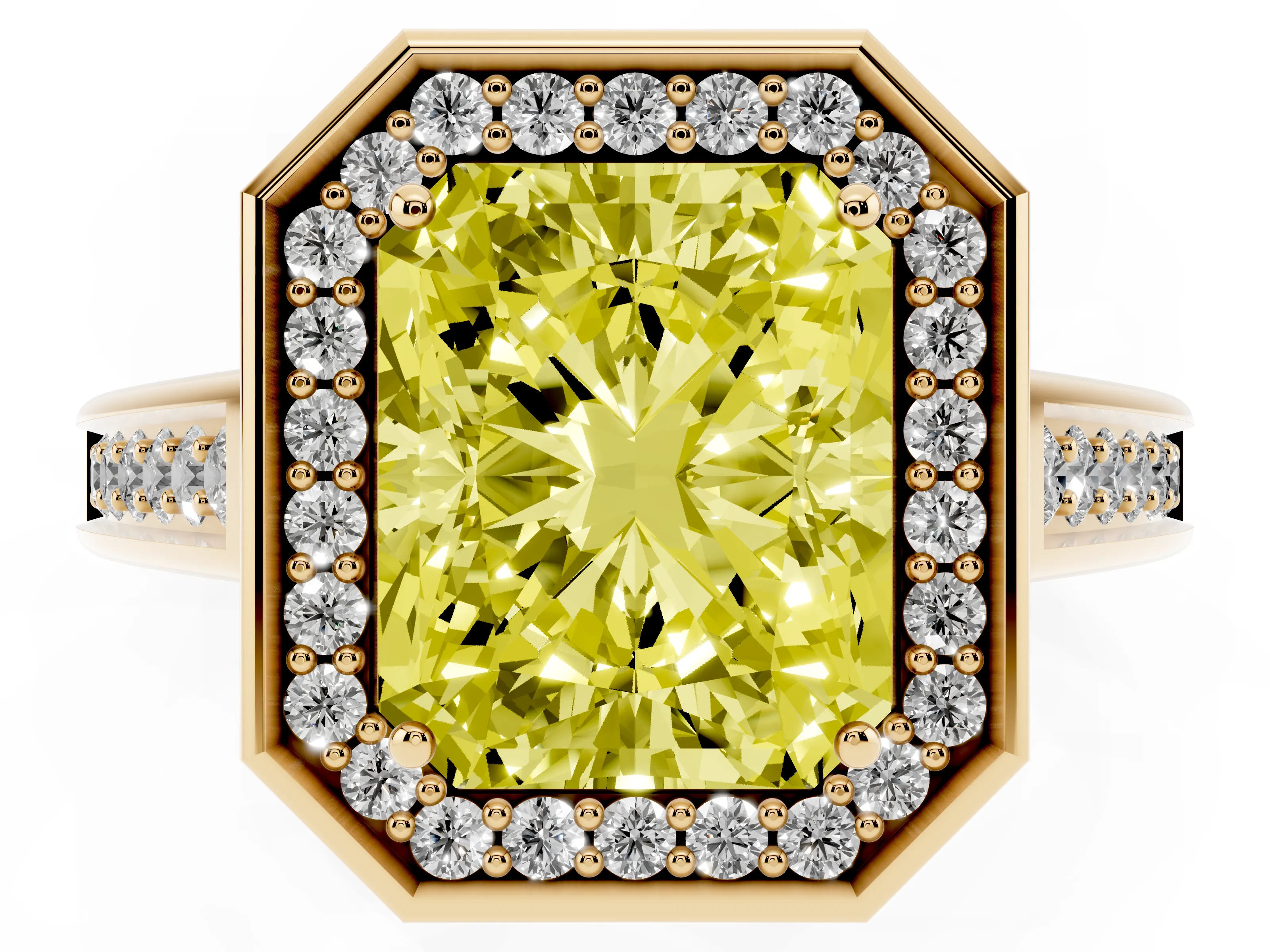 Fancy Yellow Emerald Cut Diamond Halo Solitaire Ring Set in Yellow gold with Pavé Band and Bezel Setting