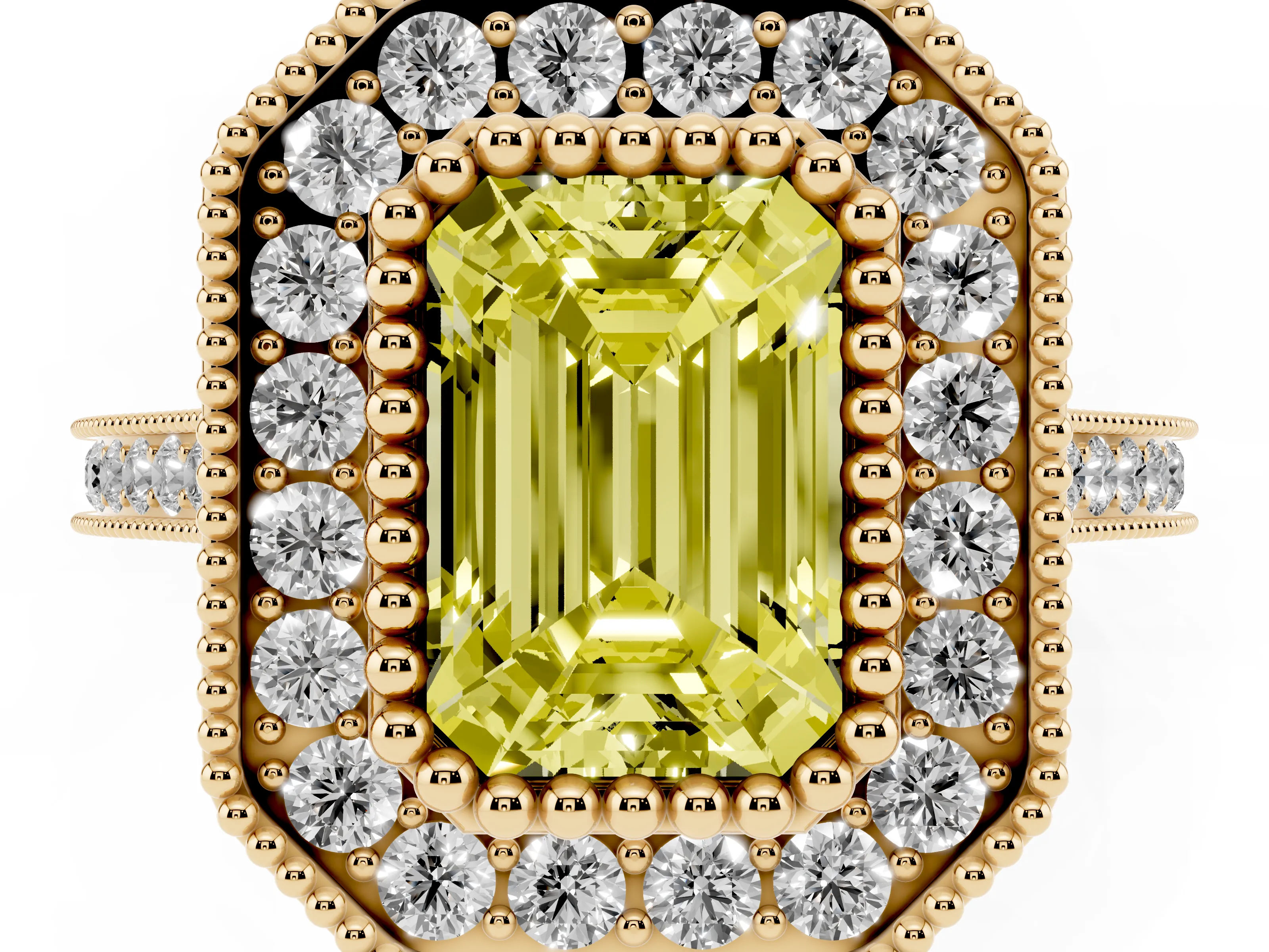 Fancy Yellow Emerald Cut Diamond Halo Ring Set in Yellow gold with Milgrain Frame and Pavé Band