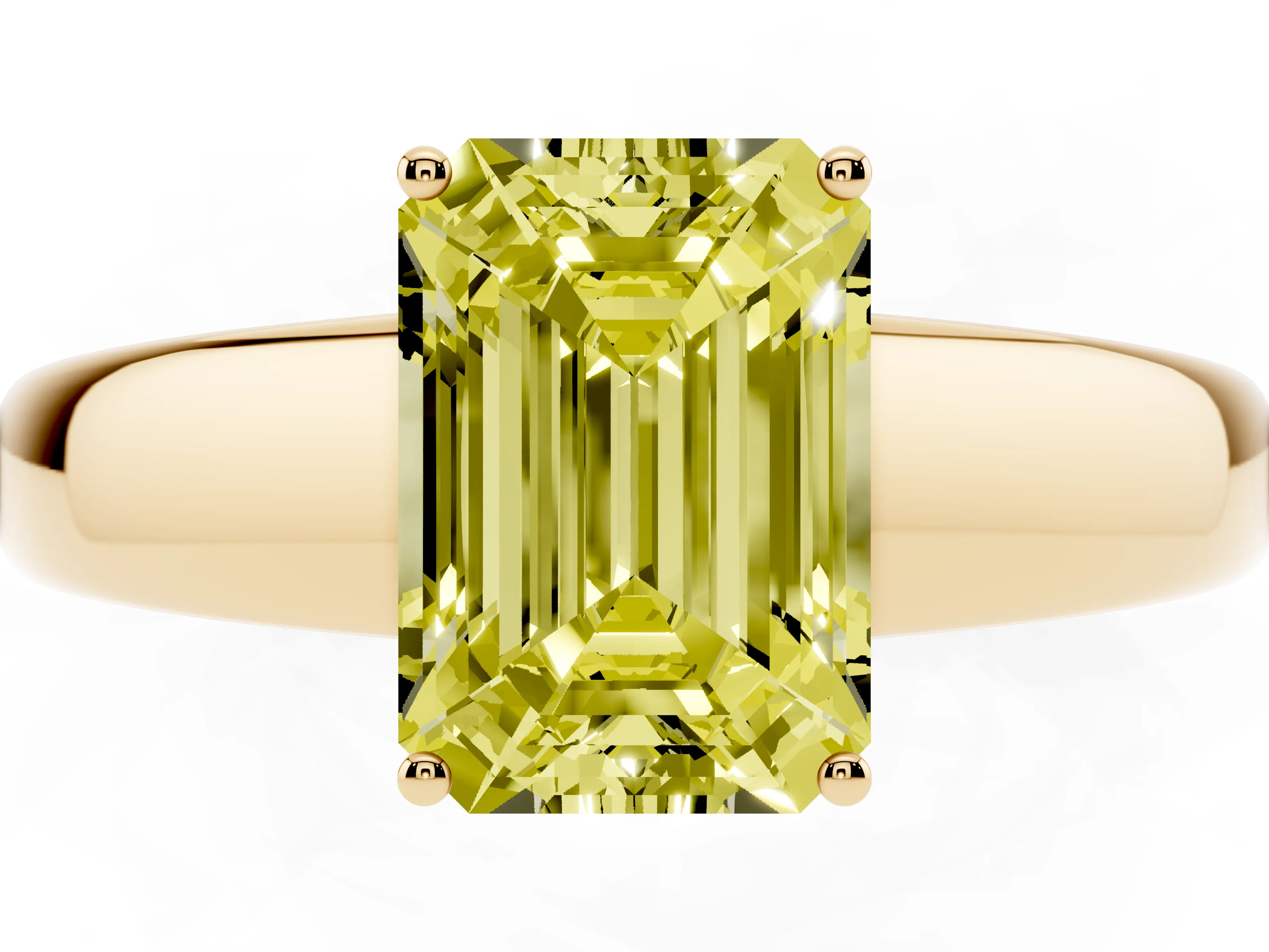 Fancy Yellow Emerald Cut Diamond Solitaire Ring Set in Yellow gold with Tapered Band and Prong Setting