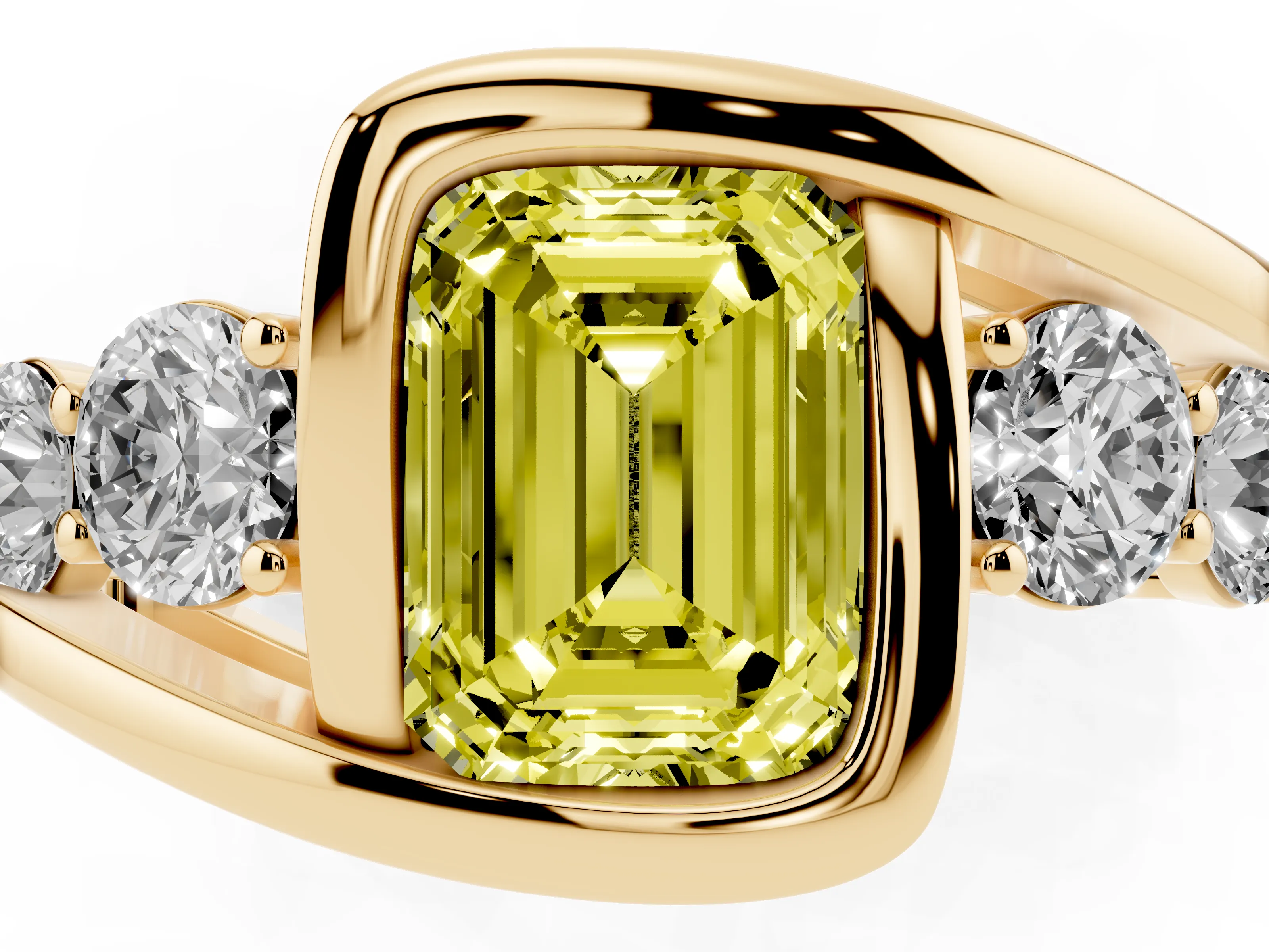 Fancy Yellow Emerald Cut Diamond Bezel Bypass Ring Set in Yellow gold with Round Accents