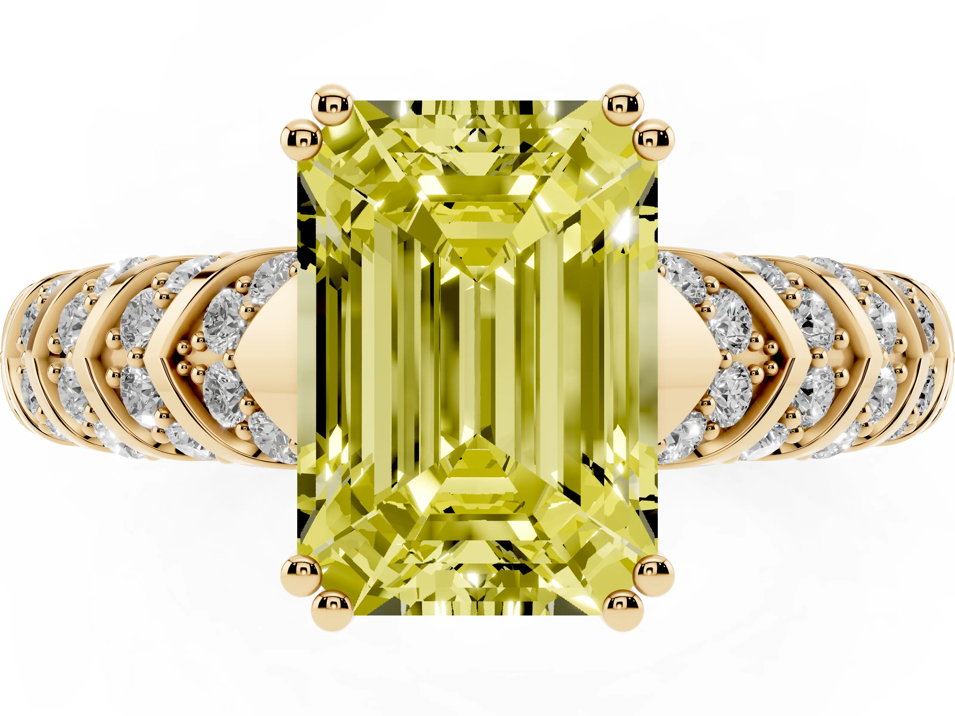 Fancy Yellow Emerald Cut Diamond Solitaire Chevron Pavé Engagement Ring Set in Yellow gold with Prong Setting