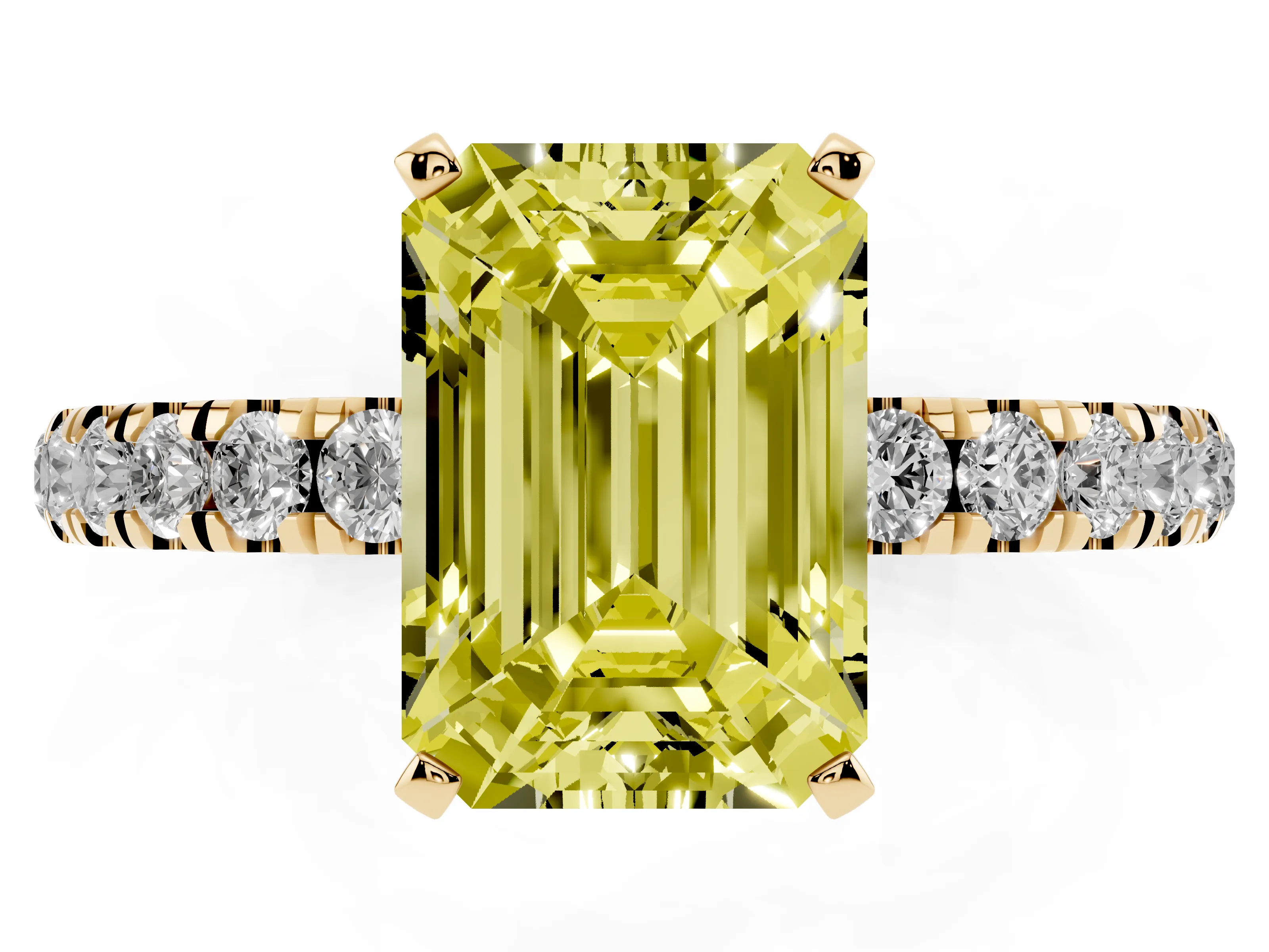 Fancy Yellow Emerald Cut Diamond Solitaire Ring Set in Yellow gold with Pavé Accents and Prong Setting