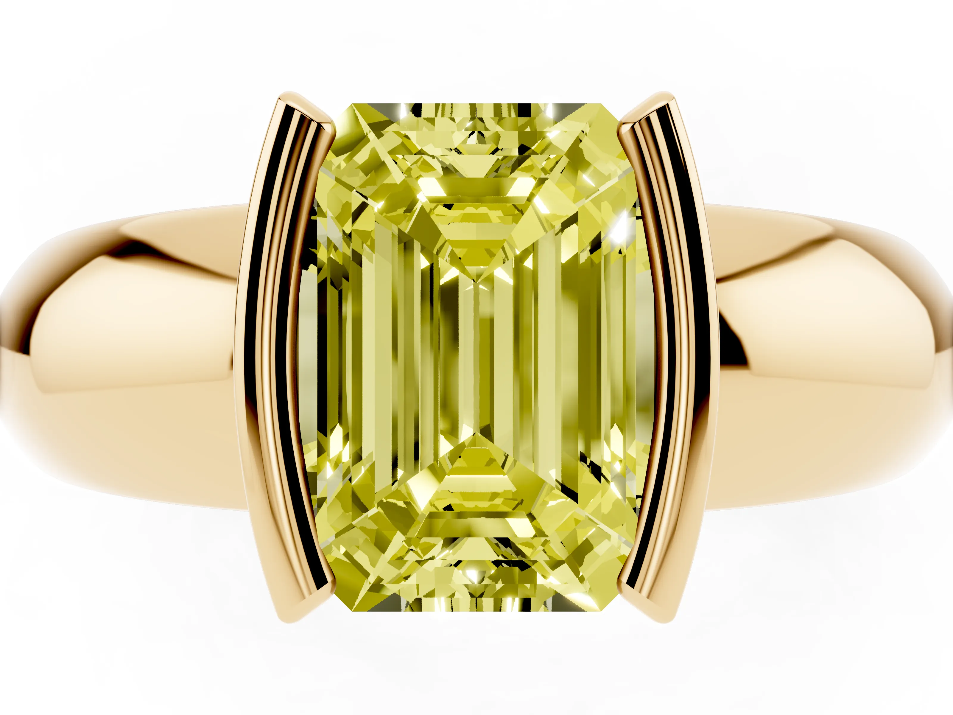 Fancy Yellow Emerald Cut Diamond Solitaire Tension Set Ring Set in Yellow gold with Wide Band