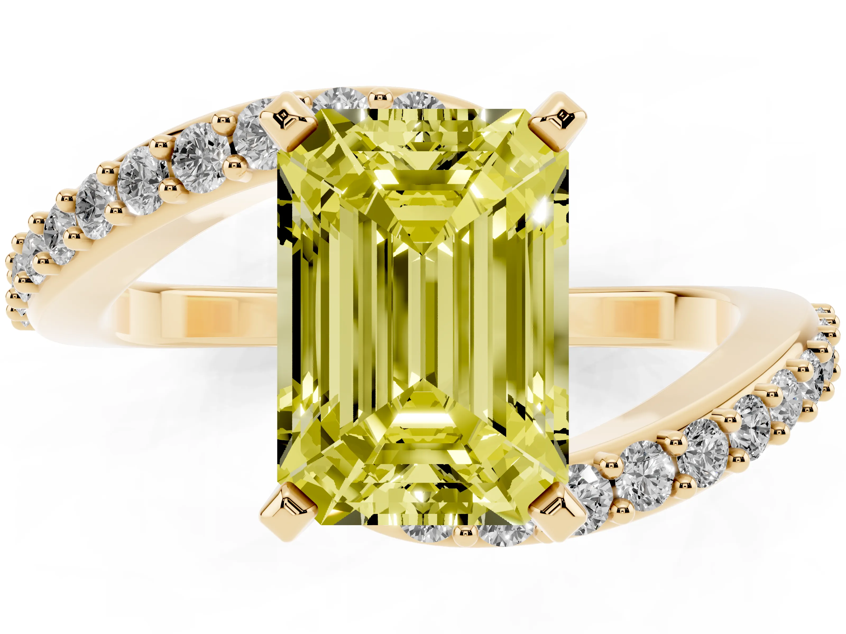 Fancy Yellow Emerald Cut Diamond Solitaire Ring Set in Yellow gold with Pavé Twist Band and Prong Setting