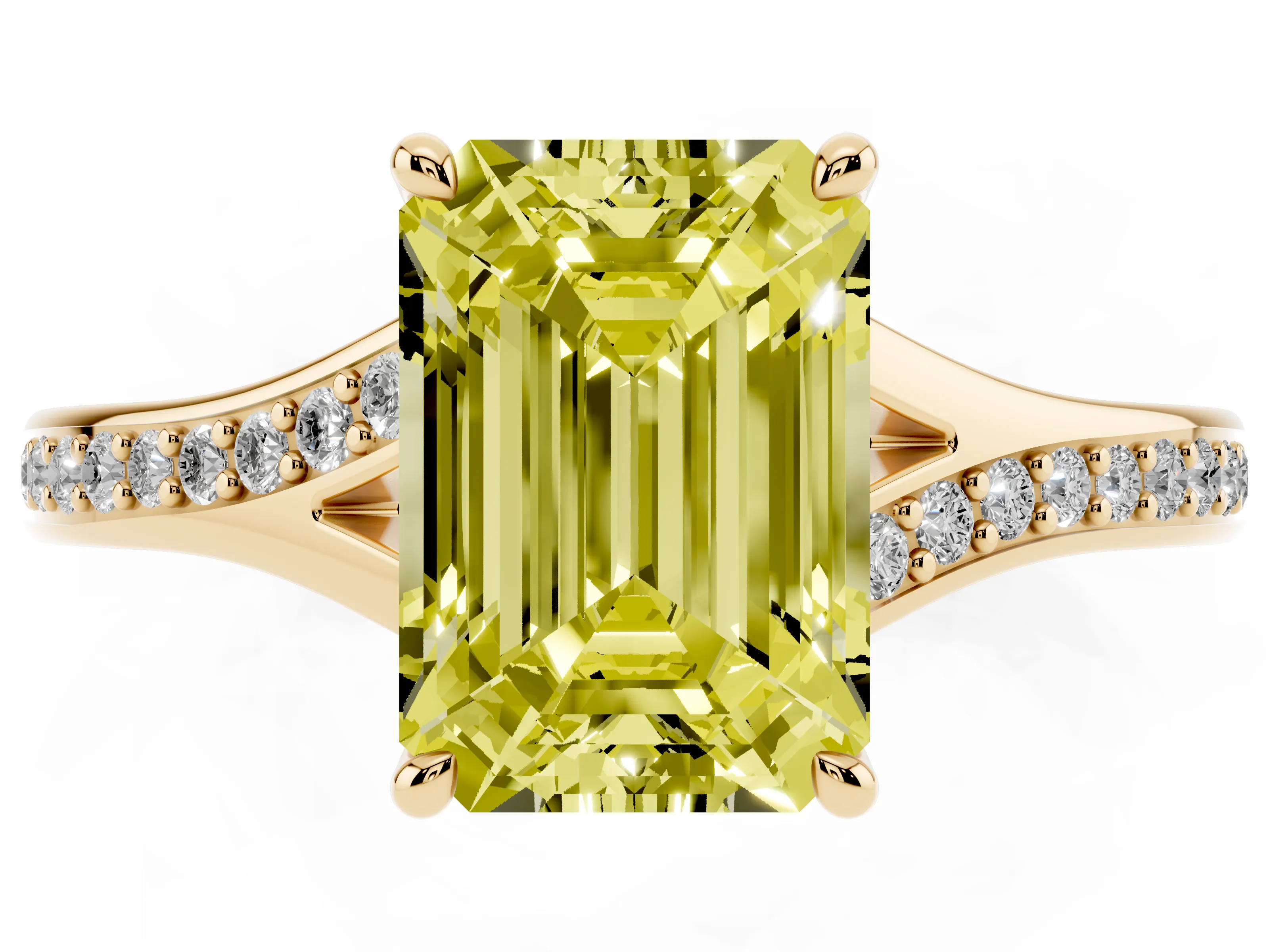 Fancy Yellow Emerald Cut Diamond Solitaire Ring Set in Yellow gold with Pavé Accent Band and Classic Prong Setting