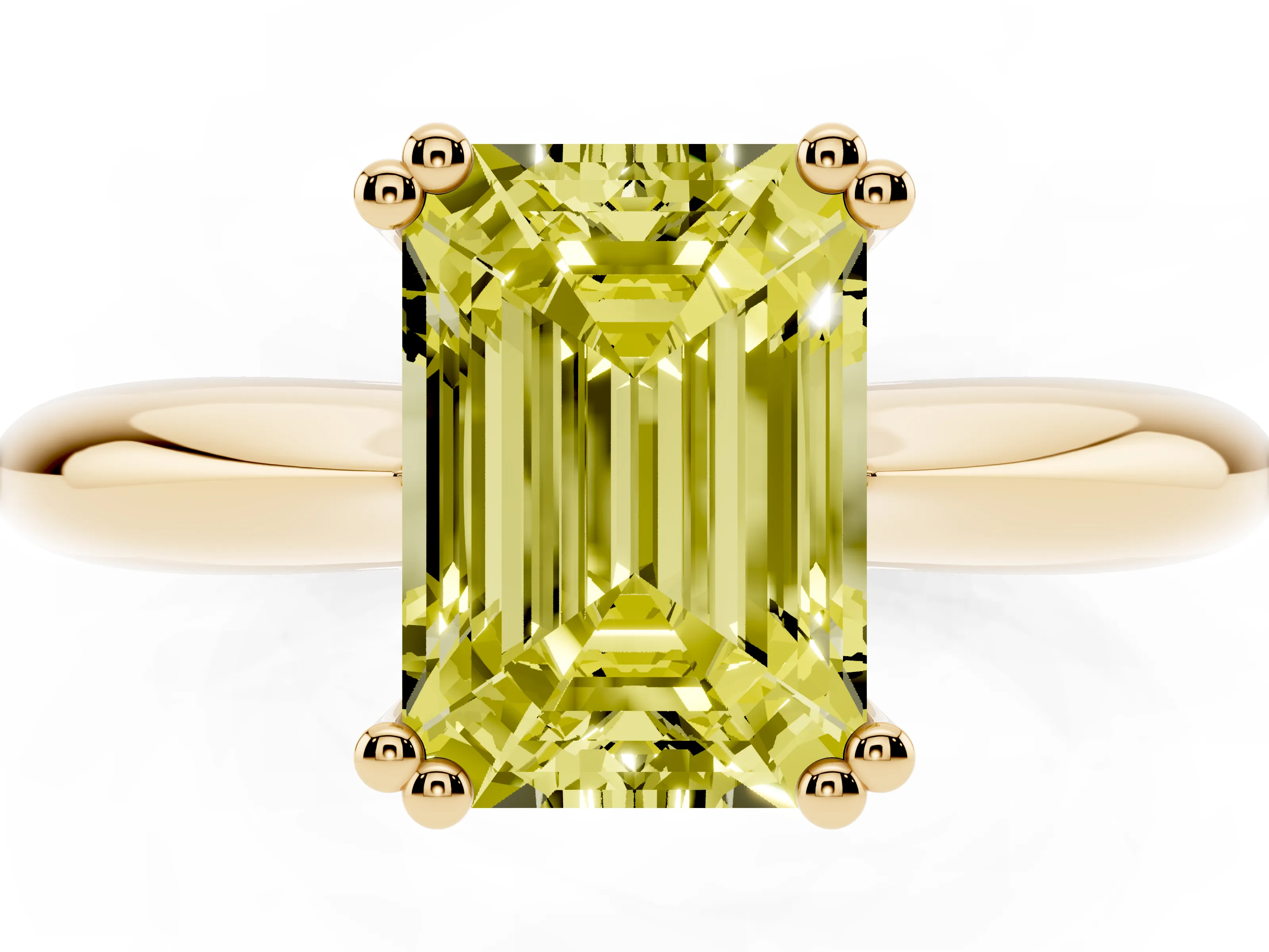 Fancy Yellow Emerald Cut Diamond Solitaire Engagement Ring Set in Yellow gold with Tapered Band and Prong Setting