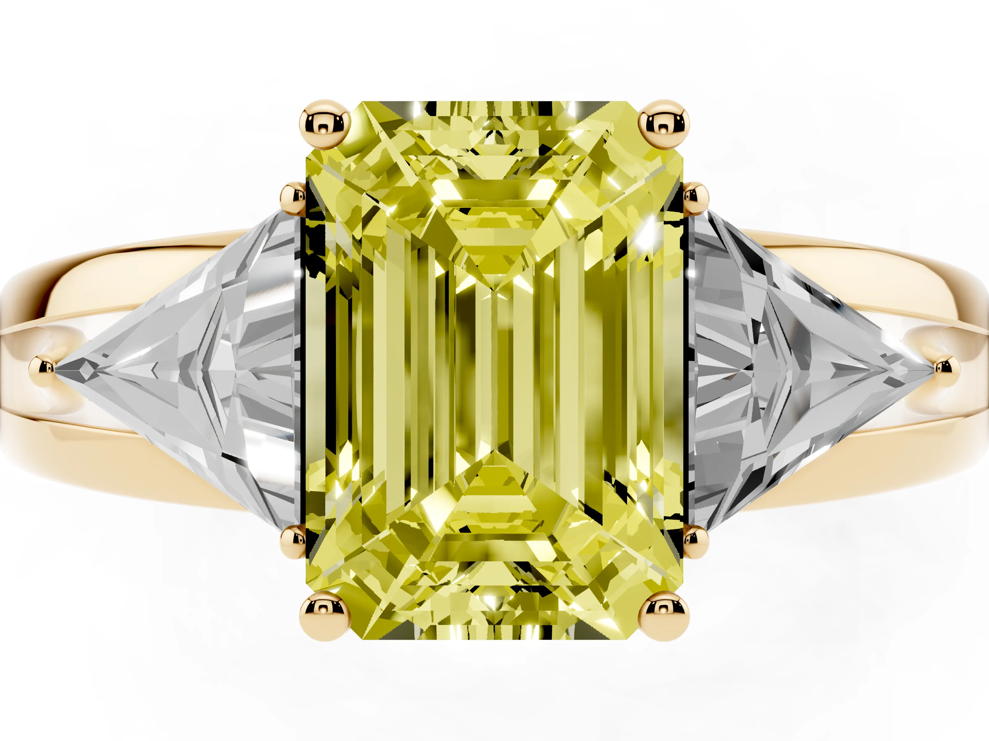 Fancy Yellow Emerald Cut Diamond Three-Stone Ring Set in Yellow gold with Trillion Side Stones and Split Shank