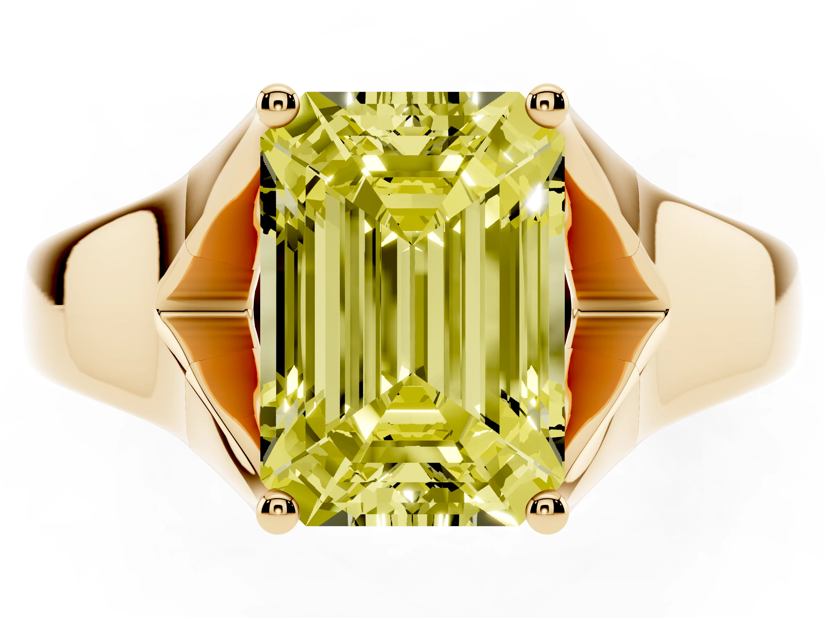 Fancy Yellow Emerald Cut Diamond Solitaire Ring Set in Yellow gold with Arched Cathedral Band and Prong Setting