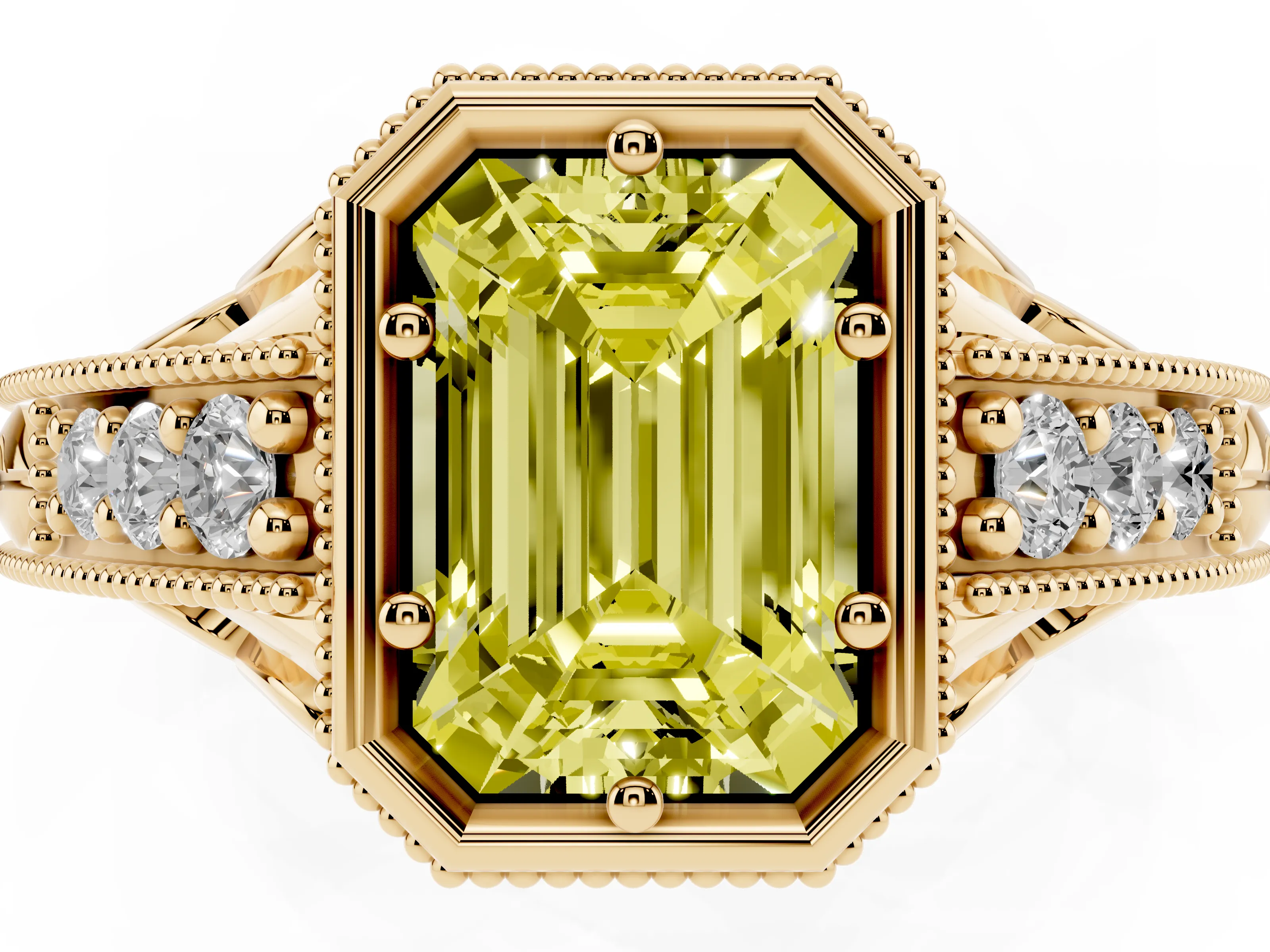 Fancy Yellow Bezel Set Emerald Cut Diamond Milgrain Pavé Engagement Ring Set in Yellow gold