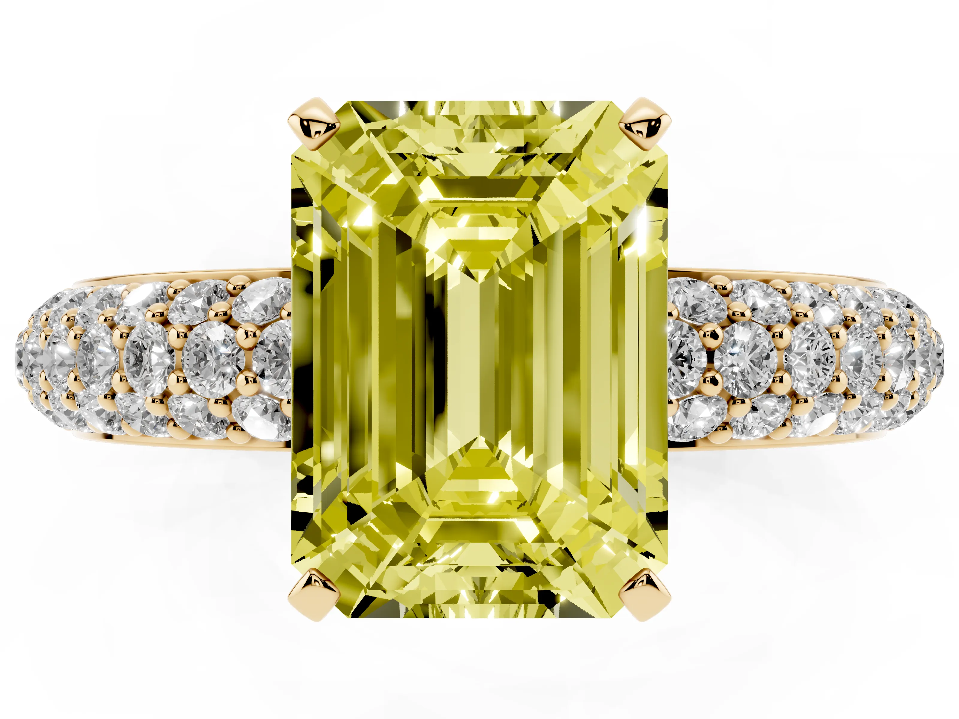 Fancy Yellow Emerald Cut Diamond Solitaire Ring Set in Yellow gold with Prong Setting and Pavé-Set Band