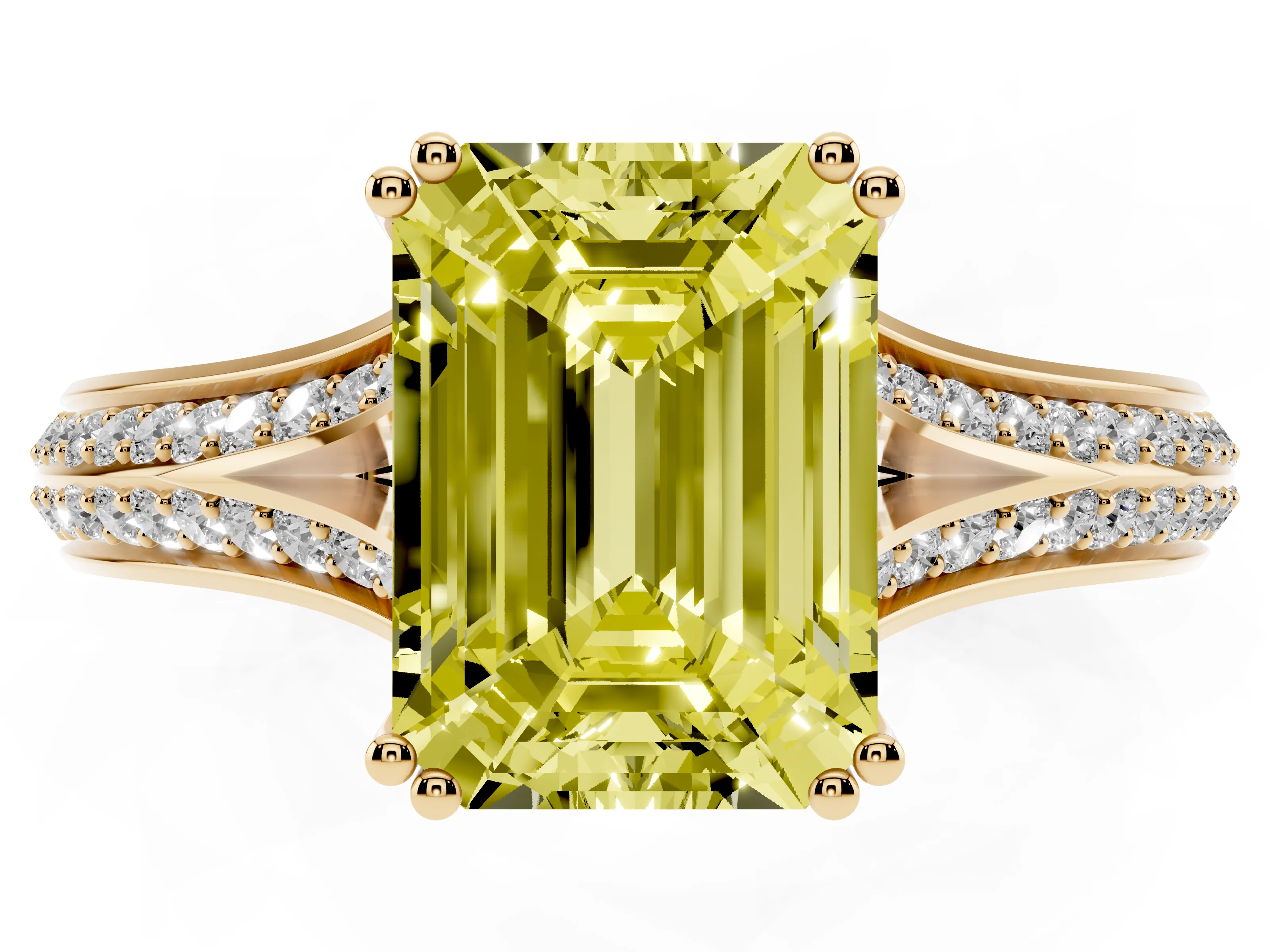 Fancy Yellow Emerald Cut Diamond Split Shank Pavé Engagement Ring Set in Yellow gold with Prong-Set Center Stone