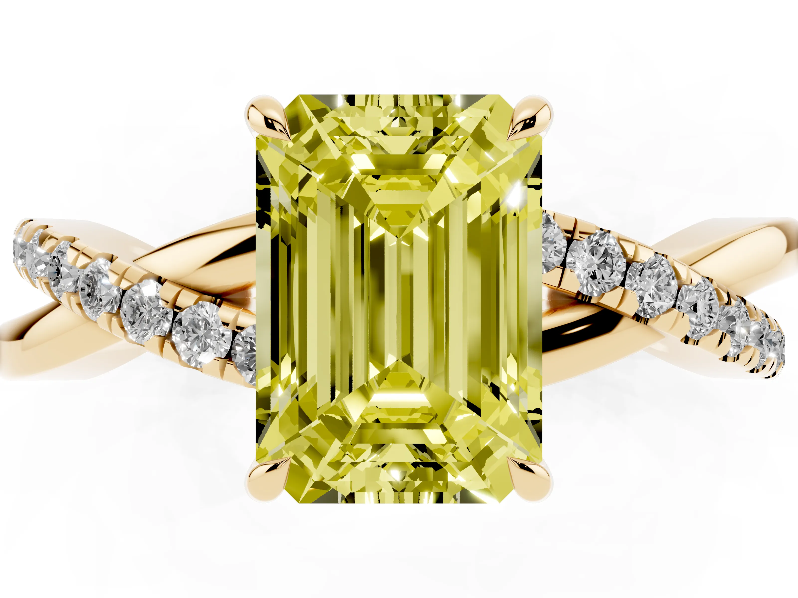 Fancy Yellow Emerald Cut Diamond Twisted Pavé Band Ring Set in Yellow gold with Prong Setting