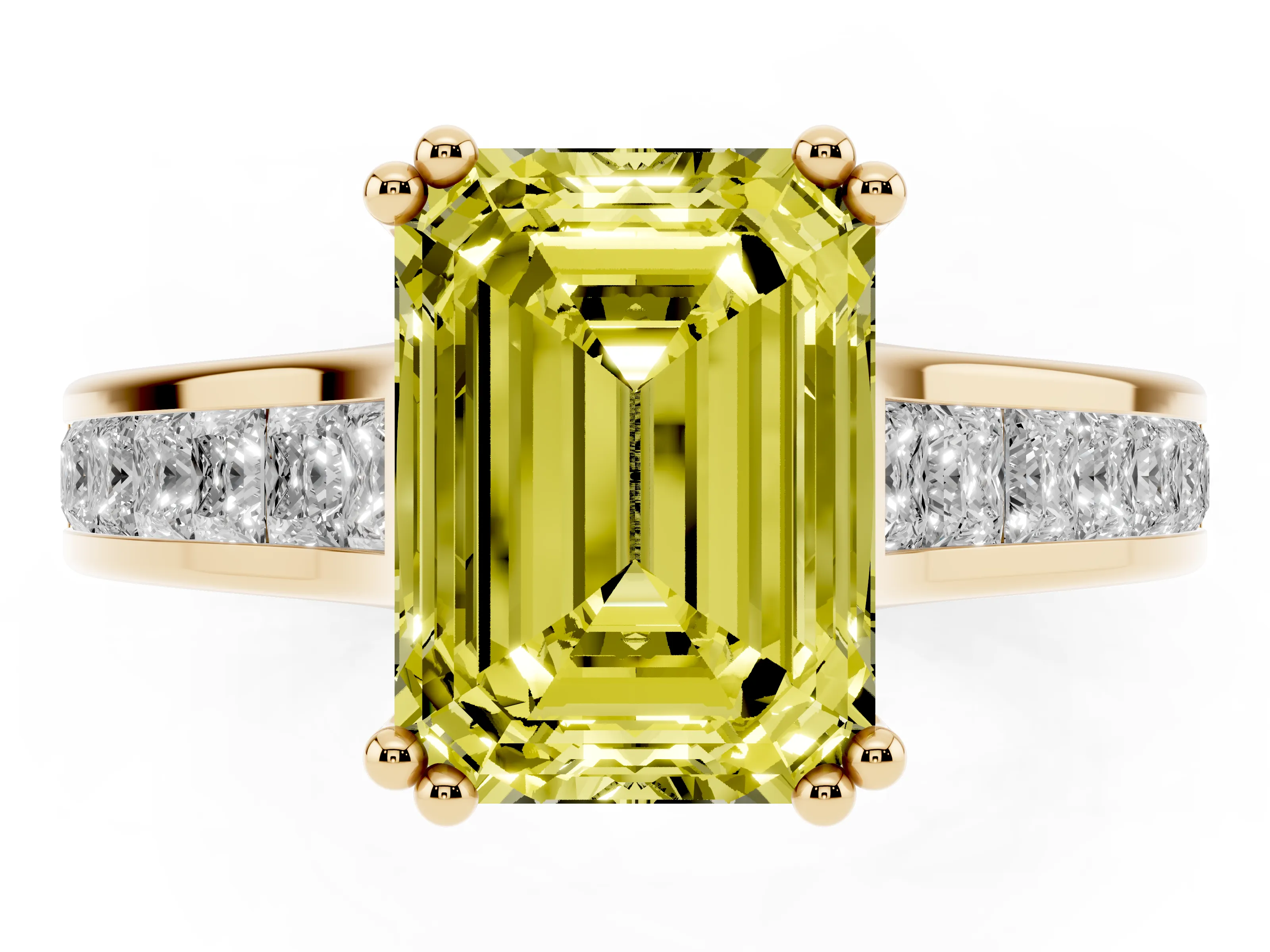 Fancy Yellow Emerald Cut Diamond Channel Set Solitaire Engagement Ring Set in Yellow gold with Prong Setting
