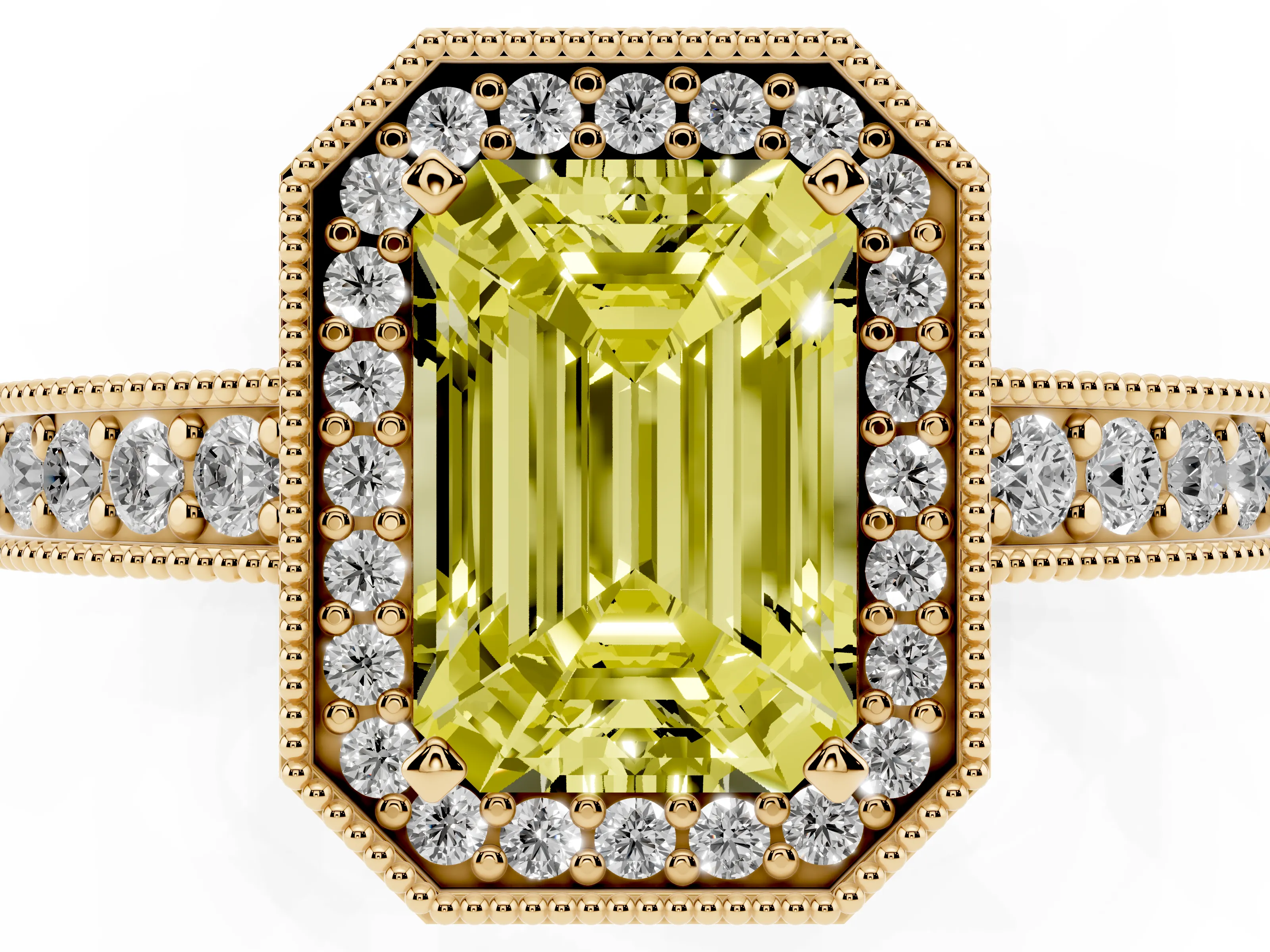 Fancy Yellow Emerald Cut Diamond Halo Pavé Band Ring Set in Yellow gold with Prong-Set Center