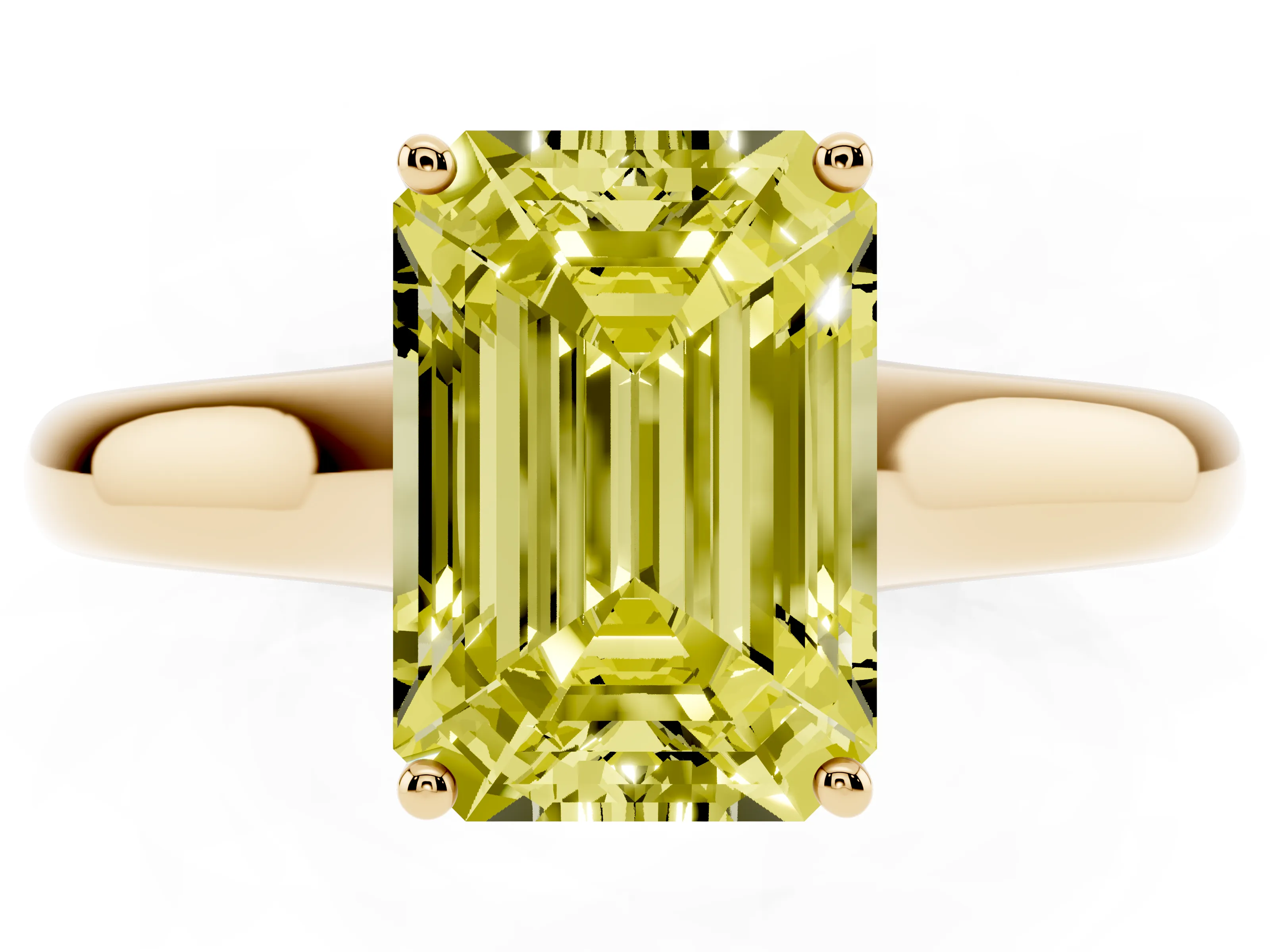 Fancy Yellow Emerald Cut Diamond Solitaire Engagement Ring Set in Yellow gold with Subtly Tapered Band and Prong Setting