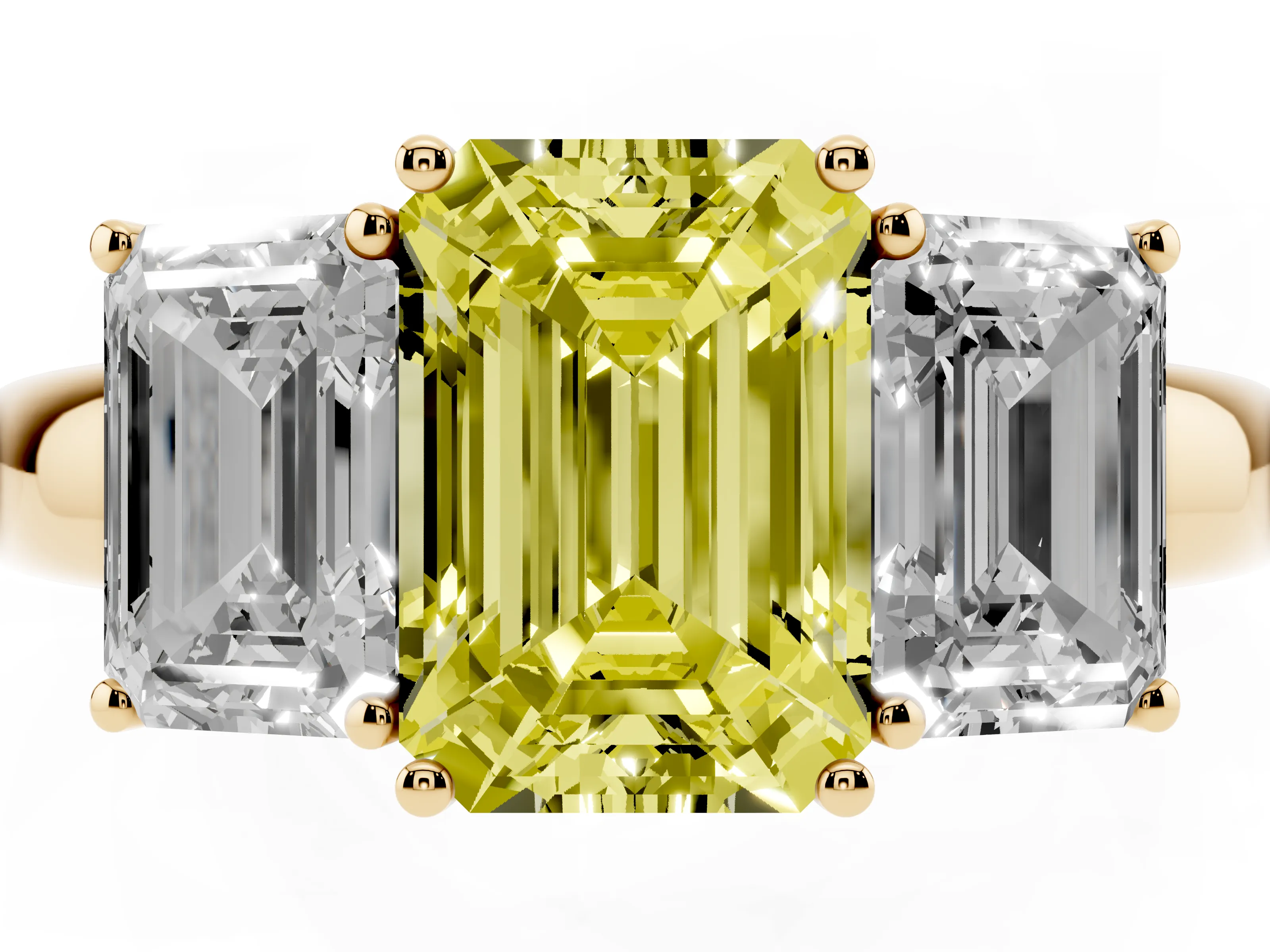 Fancy Yellow Emerald Cut Diamond Three-Stone Ring Set in Yellow gold with Bold Center and Classic Band