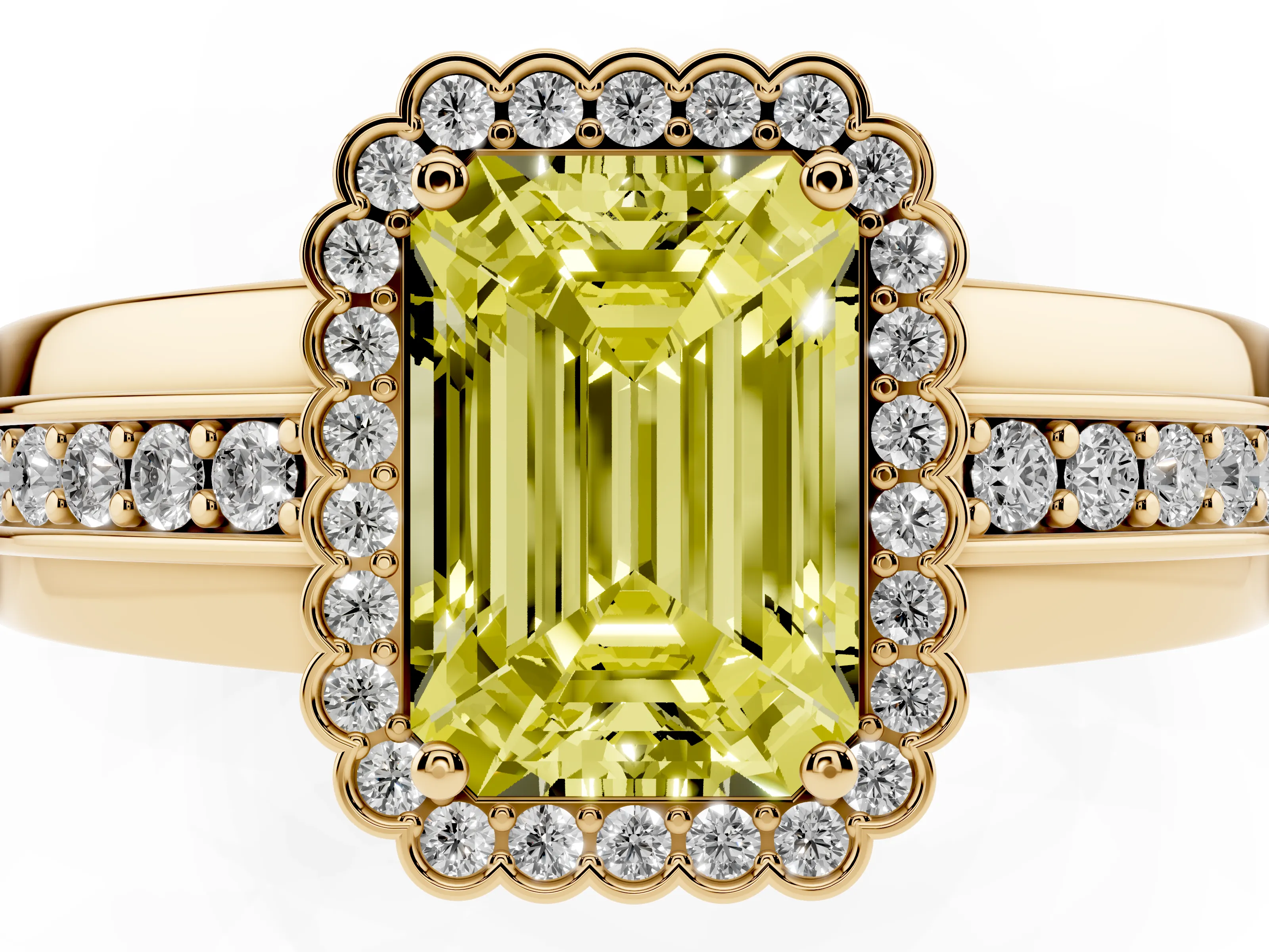 Fancy Yellow Emerald Cut Diamond Halo Prong Ring Set in Yellow gold with Pavé Band