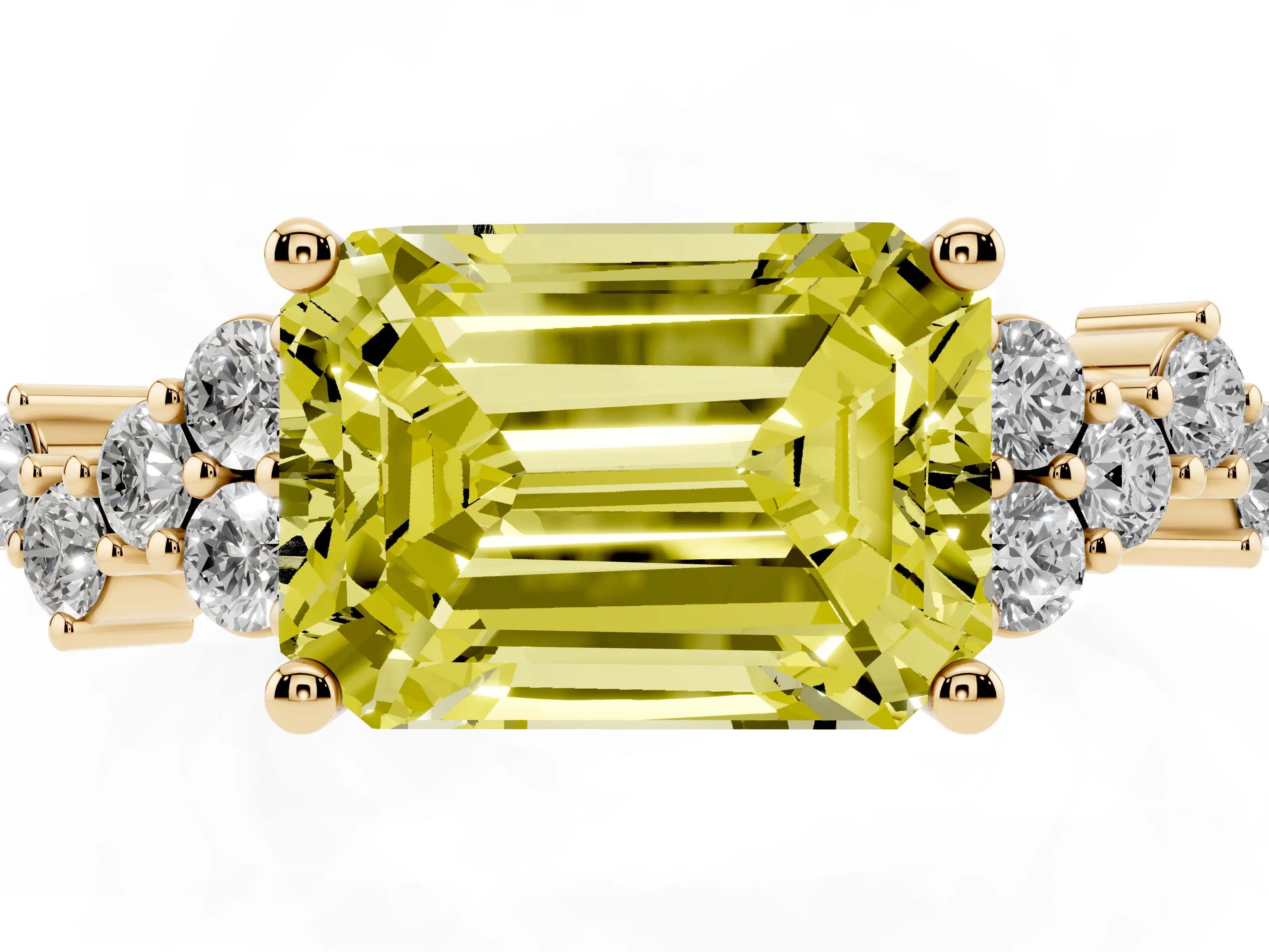 Fancy Yellow Emerald Cut Diamond Ring Set in Yellow gold with Scattered Round Accents
