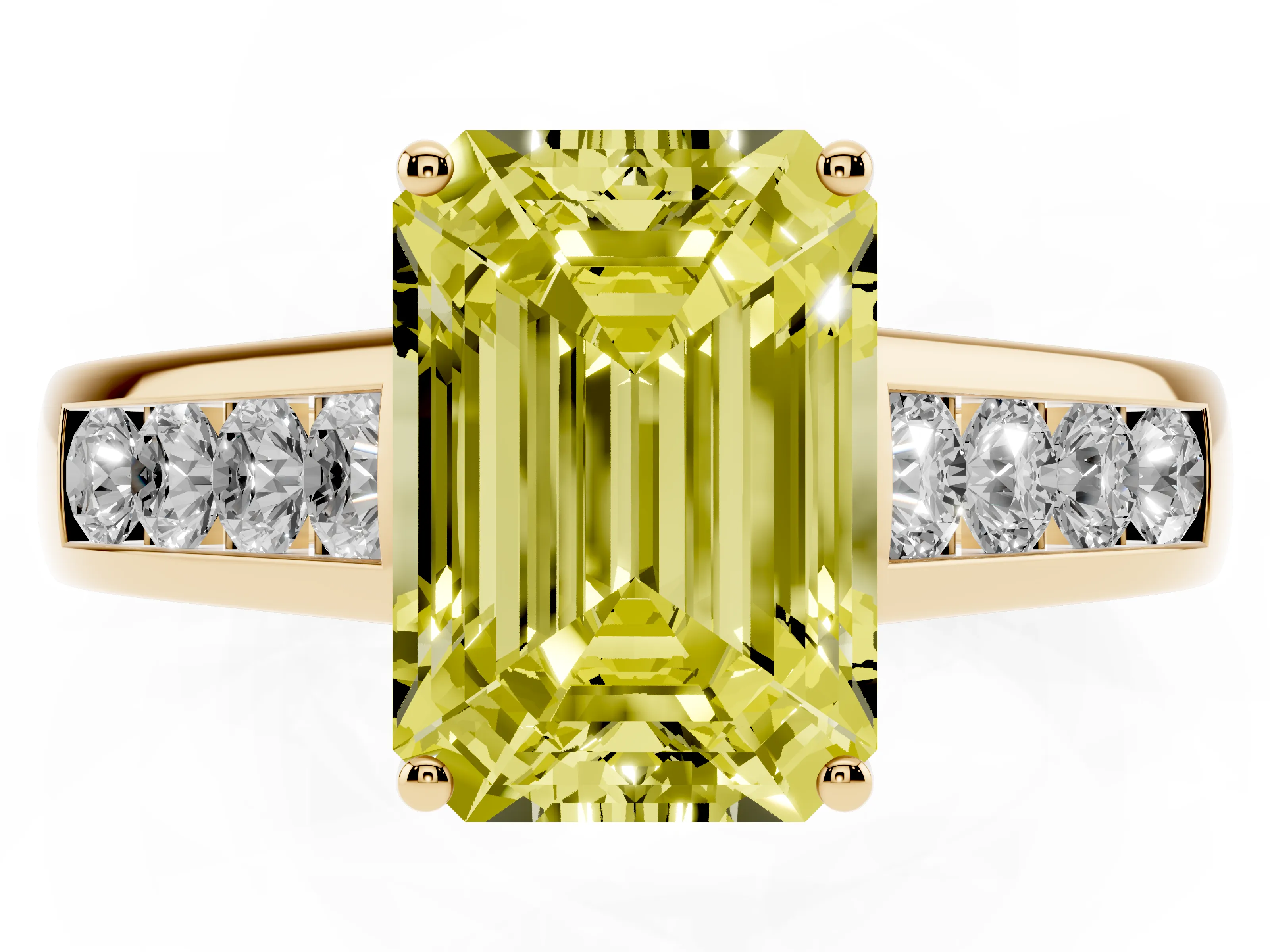 Fancy Yellow Emerald Cut Diamond Brilliant Channel-Set Solitaire Ring Set in Yellow gold with Prong Setting
