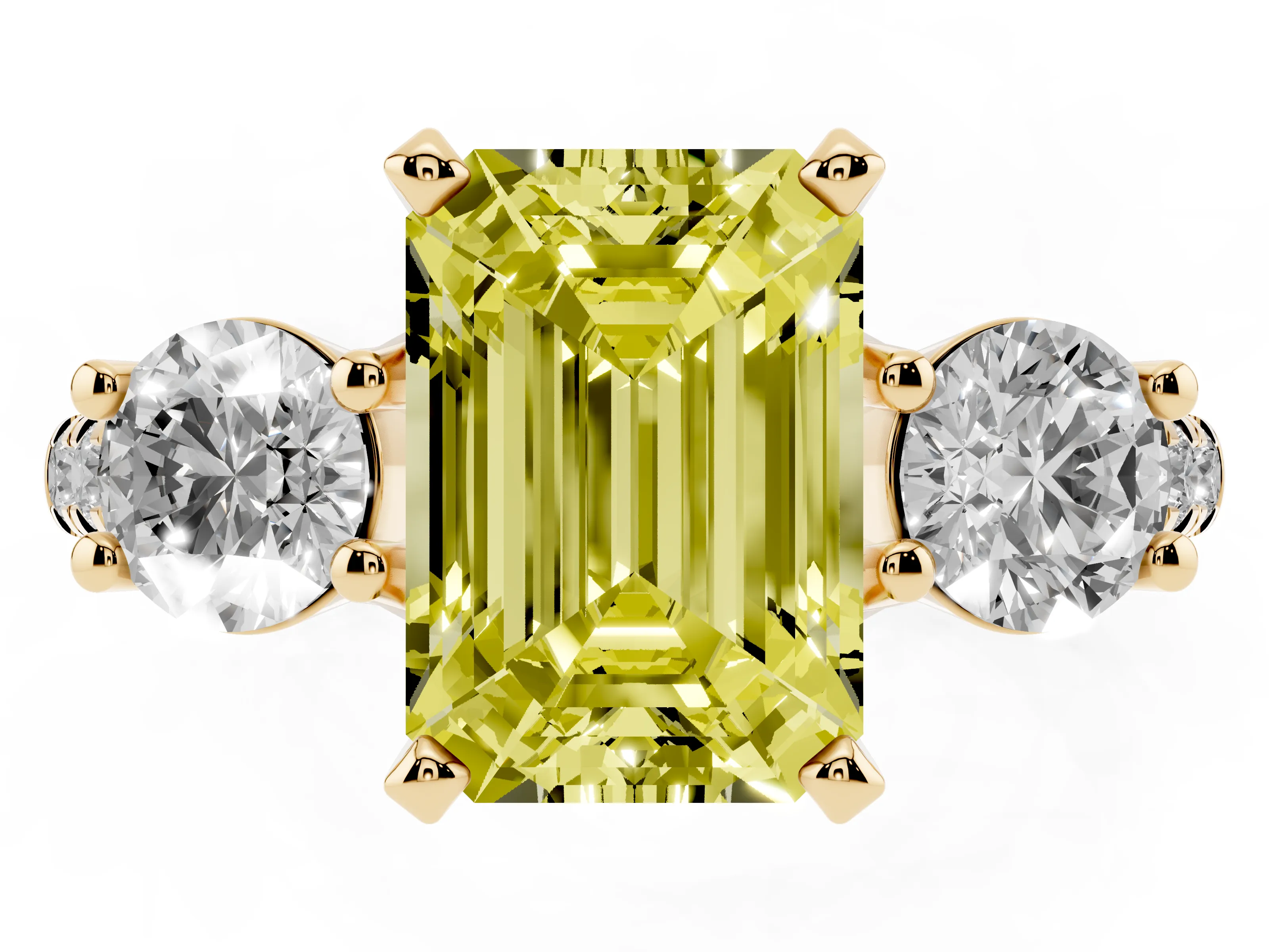 Fancy Yellow Three-Stone Emerald Cut Diamond Pavé Band Ring Set in Yellow gold with Prong-Set Trio
