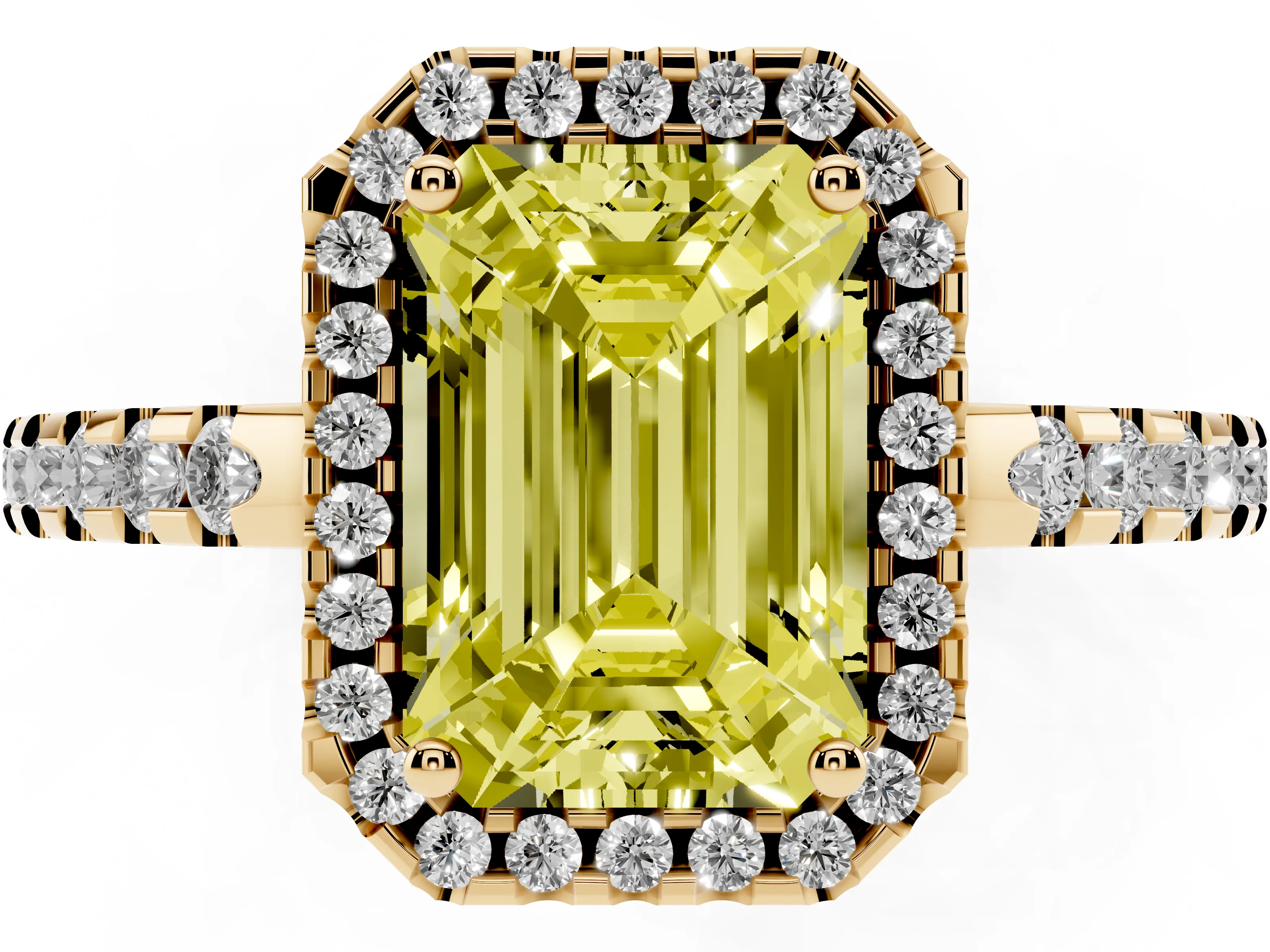 Fancy Yellow Emerald Cut Diamond Halo Ring Set in Yellow gold with Pavé Shoulders and Halo-Framed Center