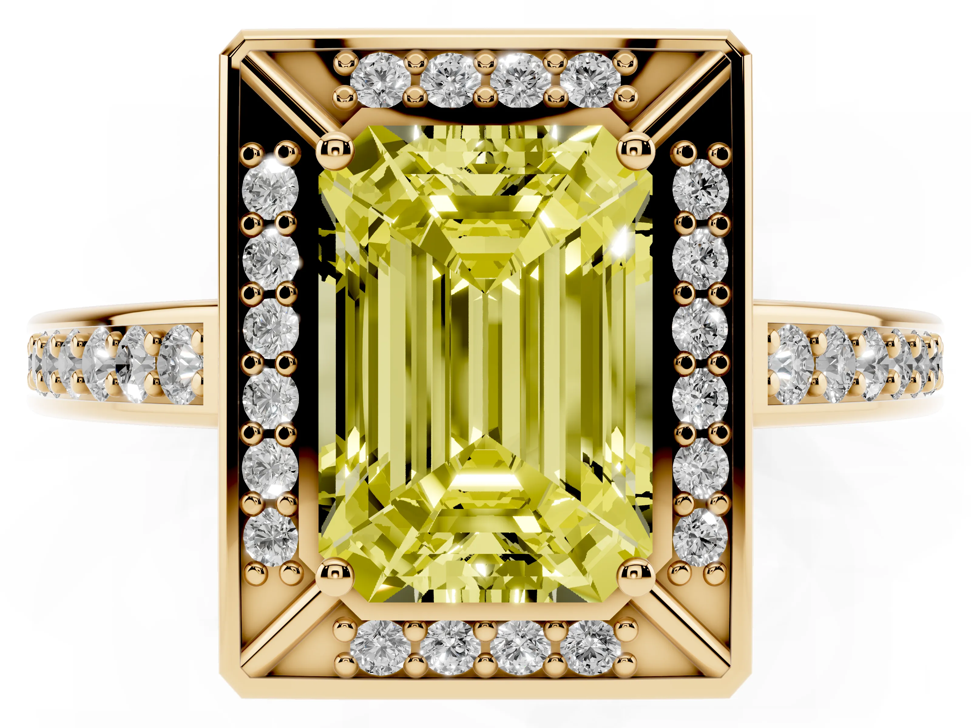 Fancy Yellow Emerald Cut Diamond Halo Pavé Split Shank Ring Set in Yellow gold with Prong Setting