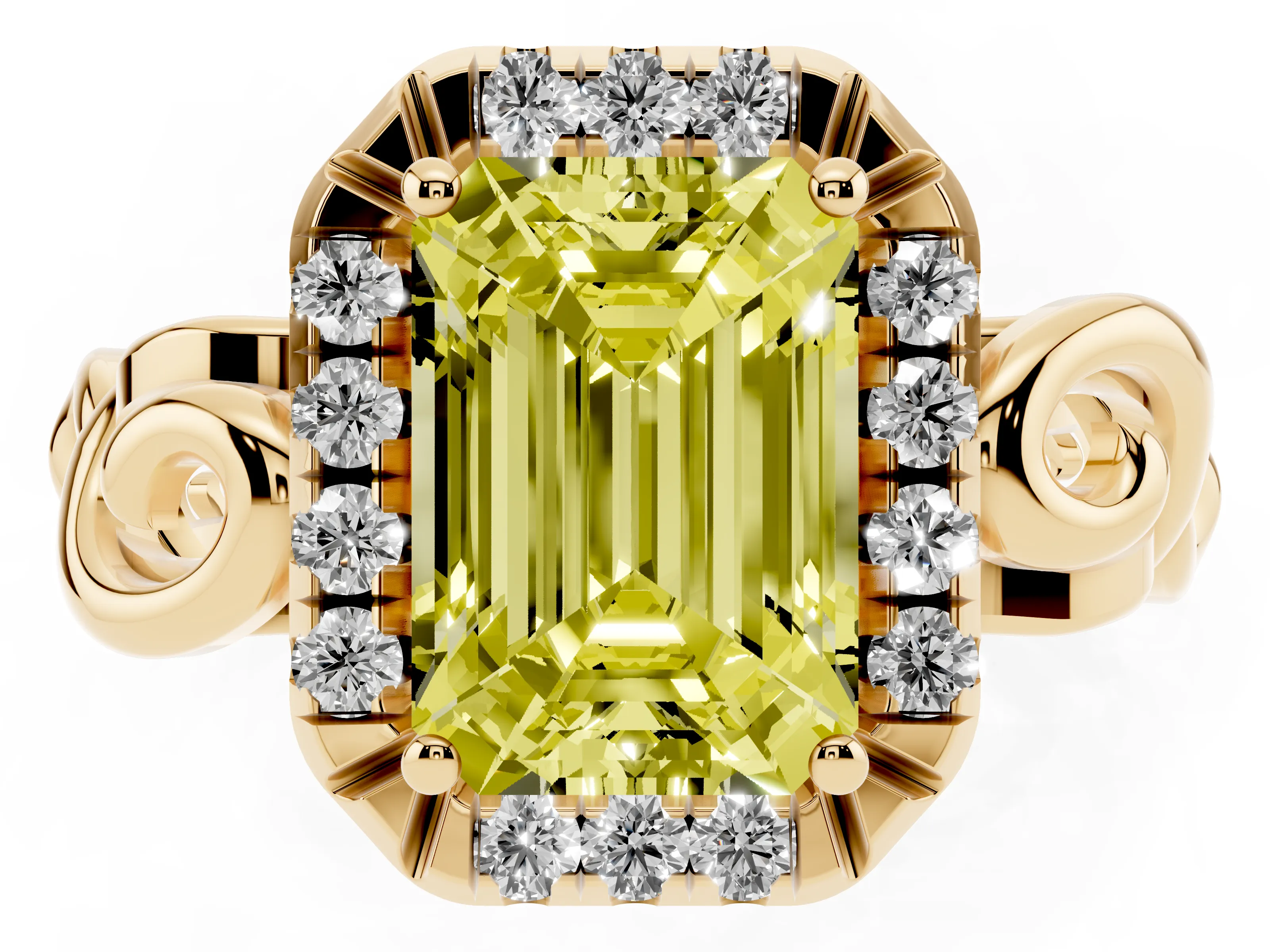 Fancy Yellow Emerald Cut Diamond Halo Ring Set in Yellow gold with Scrollwork Band and Prong Setting