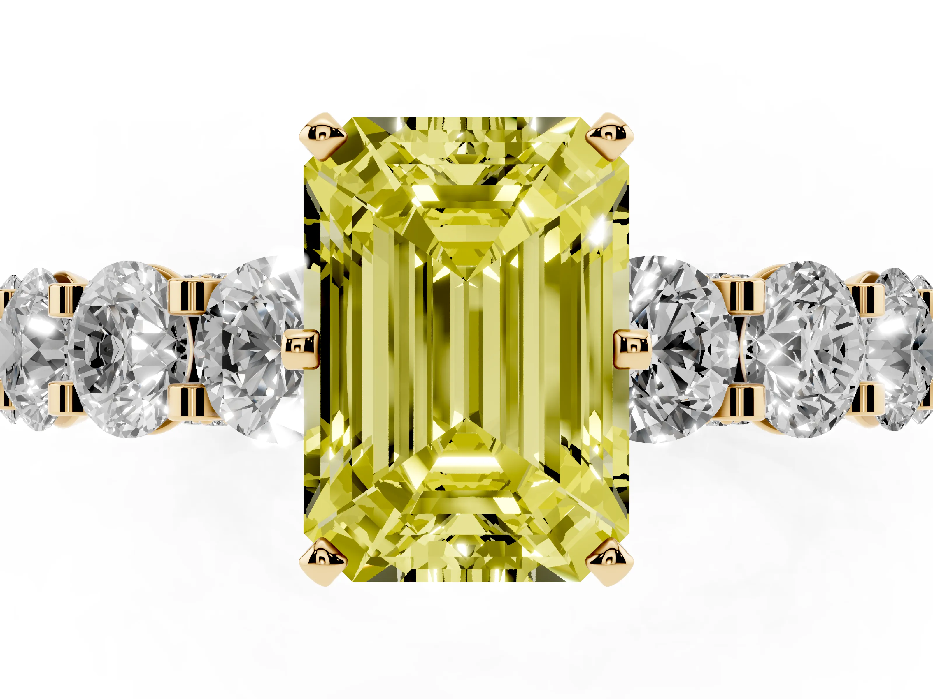 Fancy Yellow Emerald Cut Diamond Side Stone Ring Set in Yellow gold with Alternating Round and Oval Side Stones