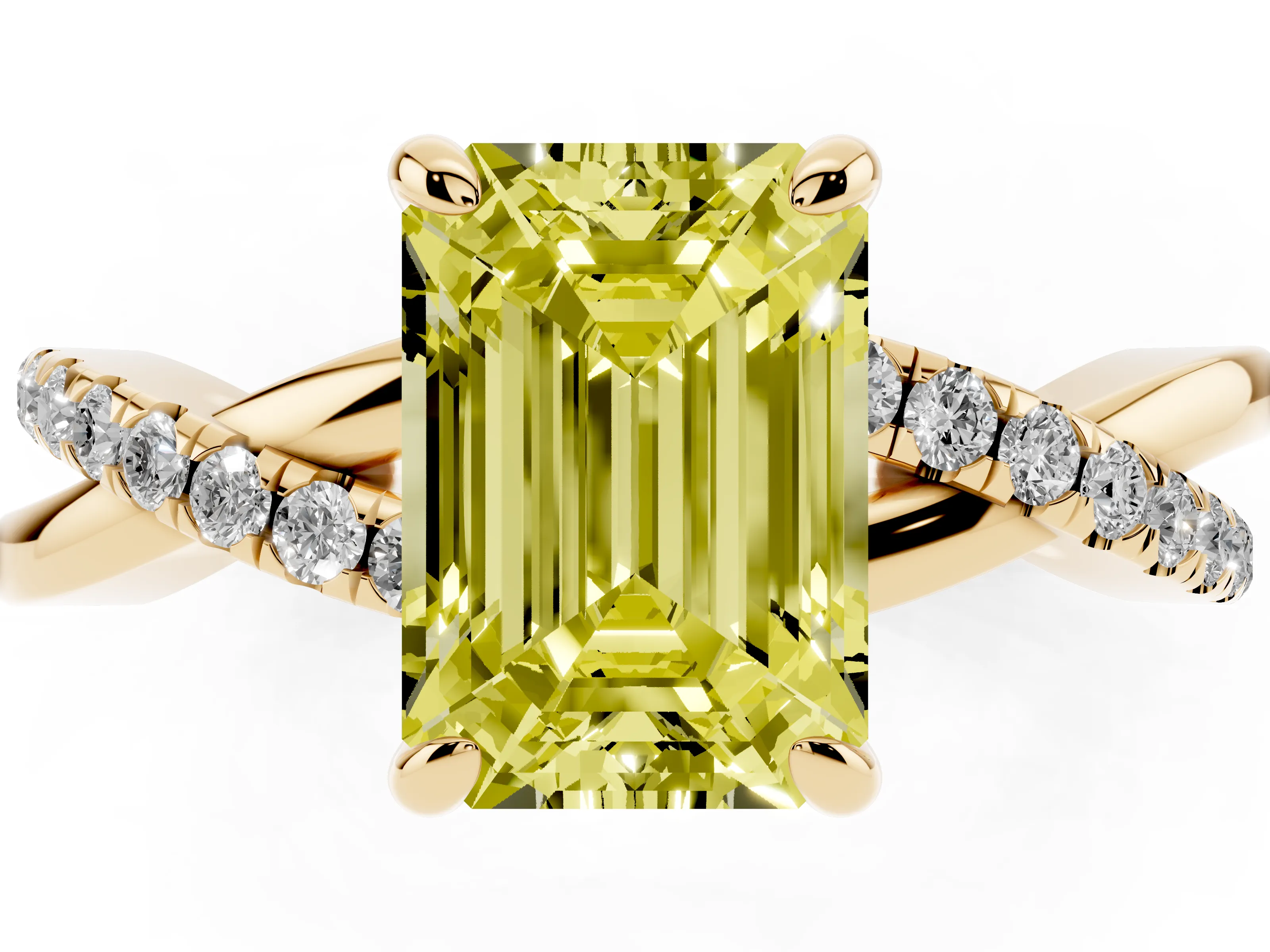 Fancy Yellow Emerald Cut Diamond Twist Band Solitaire Set in Yellow gold with Pavé Accents and Prong Setting