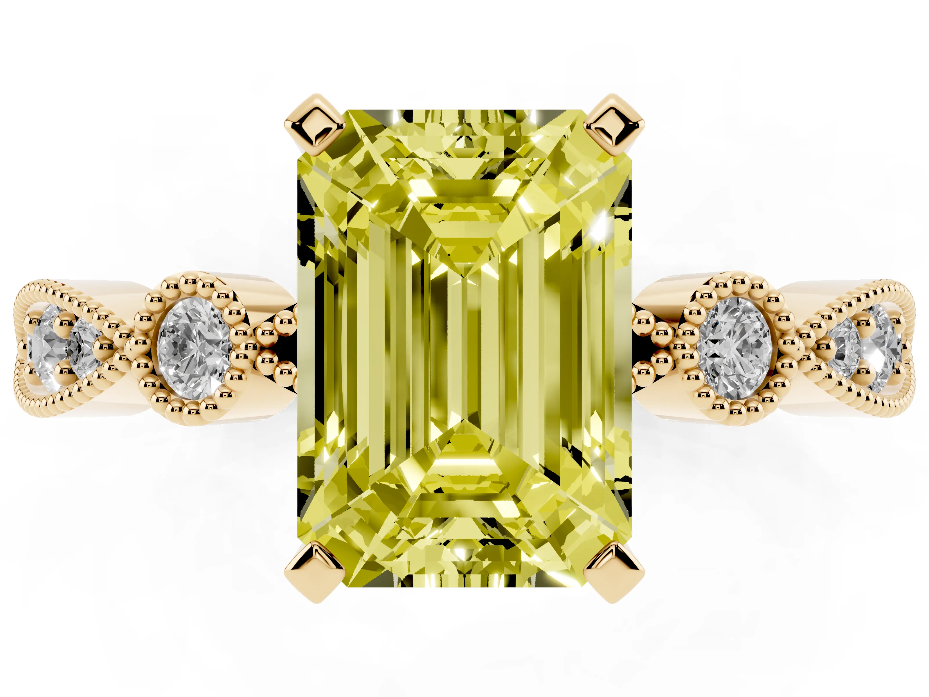 Fancy Yellow Emerald Cut Diamond Solitaire Engagement Ring Set in Yellow gold with Milgrain Bezel Accent Band