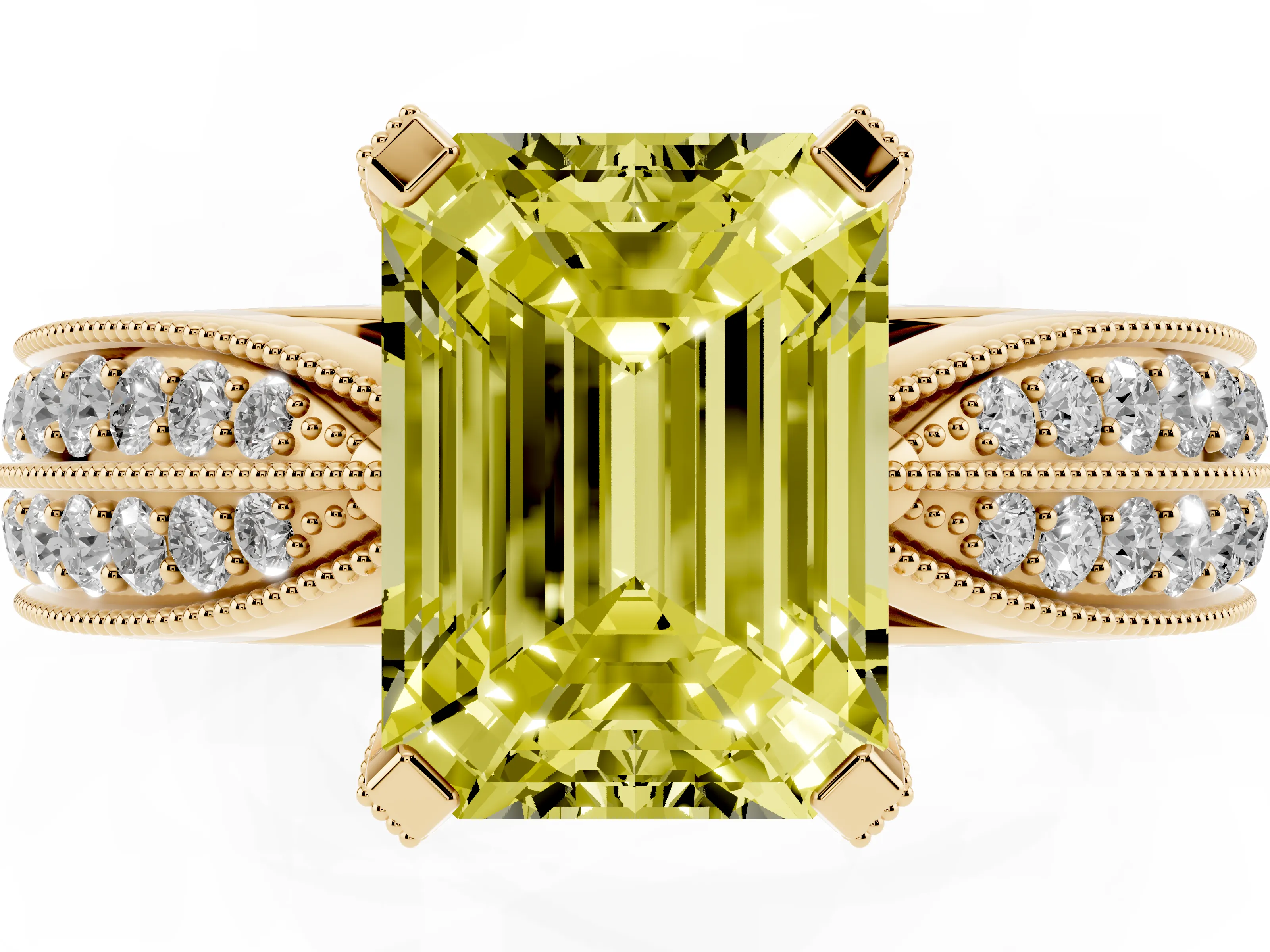 Fancy Yellow Emerald Cut Diamond Solitaire Ring Set in Yellow gold with Milgrain Double Row Round Pavé Band