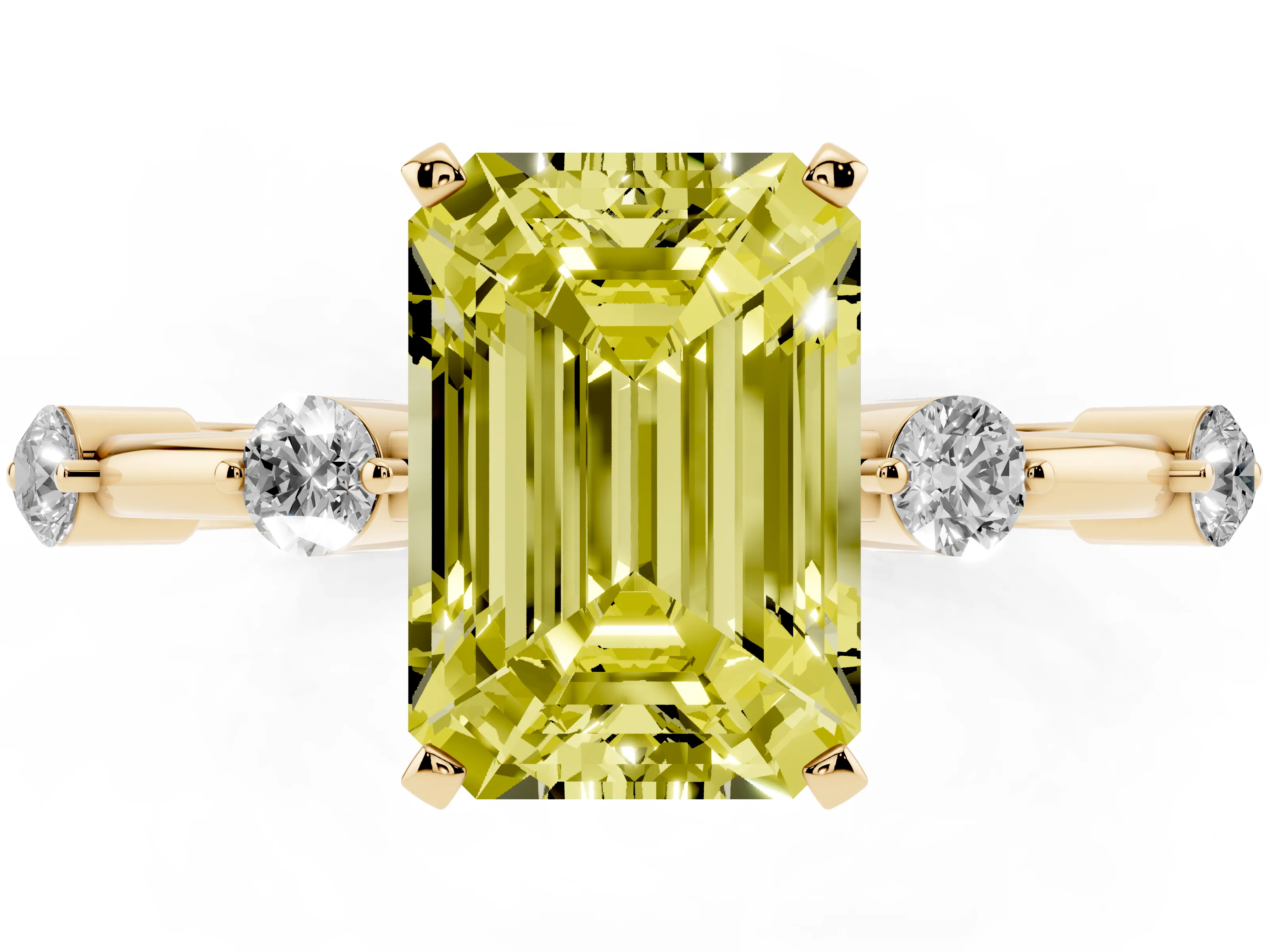 Fancy Yellow Emerald Cut Diamond Solitaire Ring Set in Yellow gold with Bezel Set Side Stones and Prong Setting