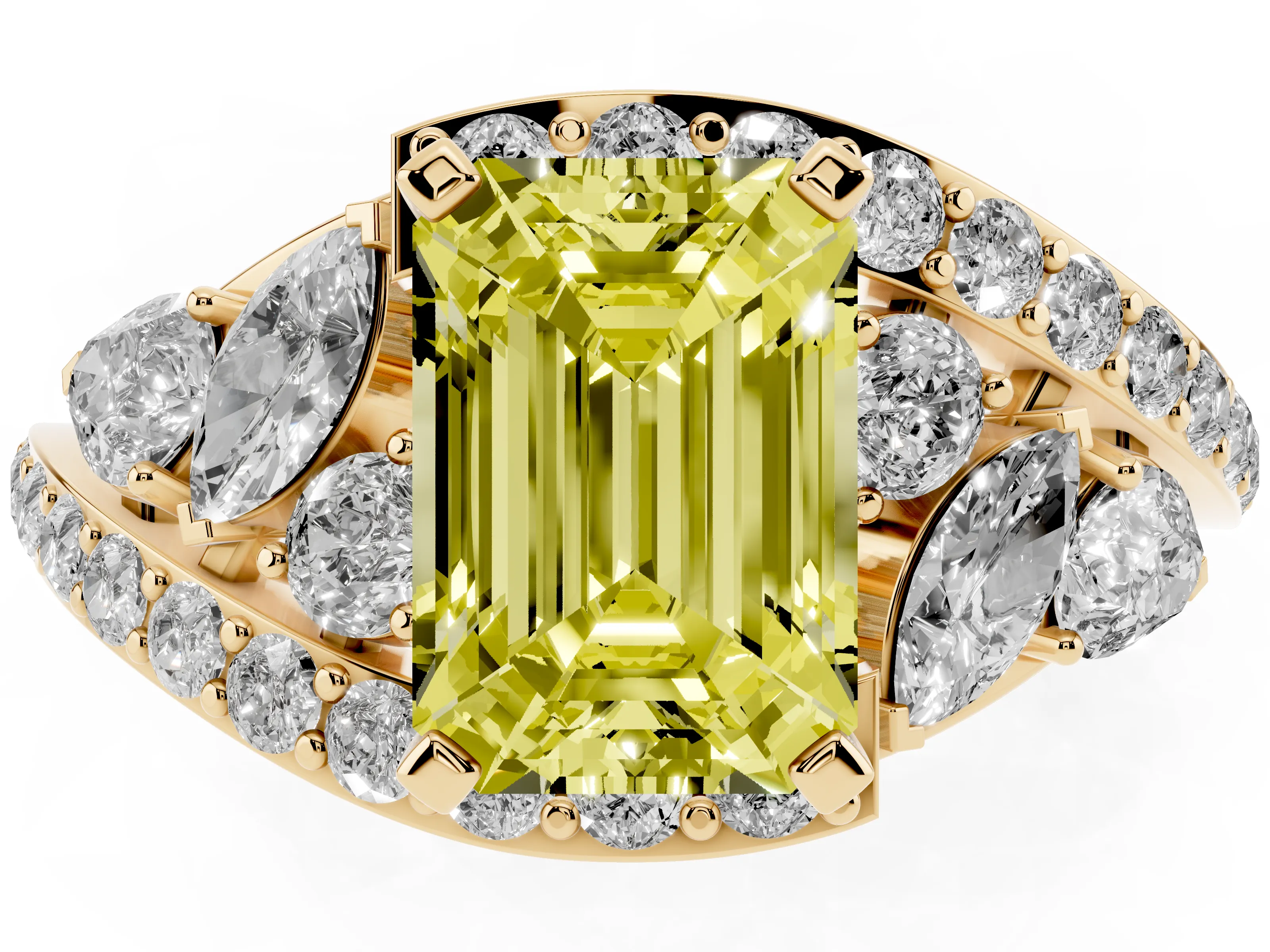 Fancy Yellow Emerald Cut Diamond Halo Ring Set in Yellow gold with Marquise and Pavé Band in Prong Setting