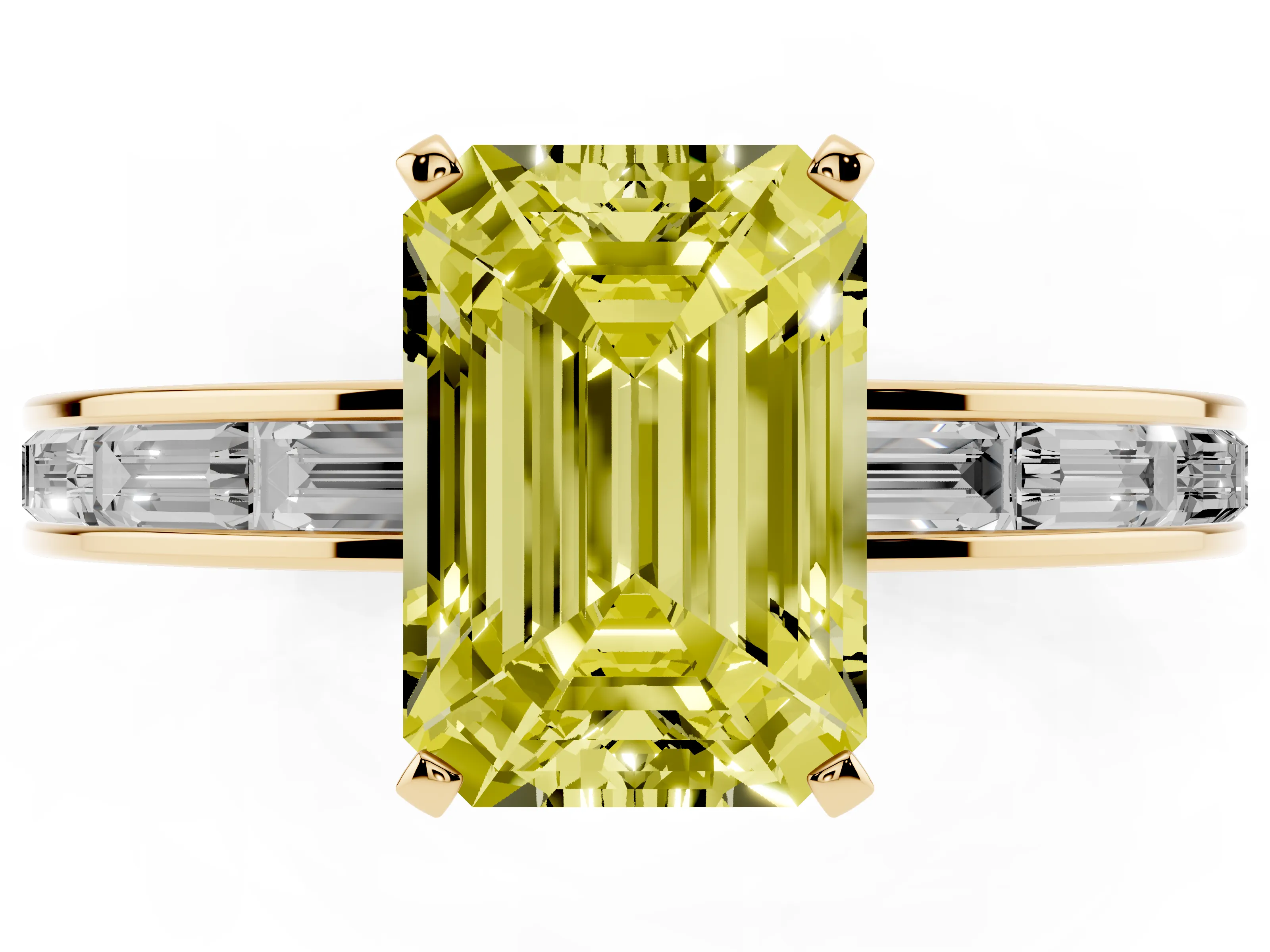 Fancy Yellow Emerald Cut Diamond Solitaire Ring Set in Yellow gold with Channel-Set Baguette Band and Prong Setting