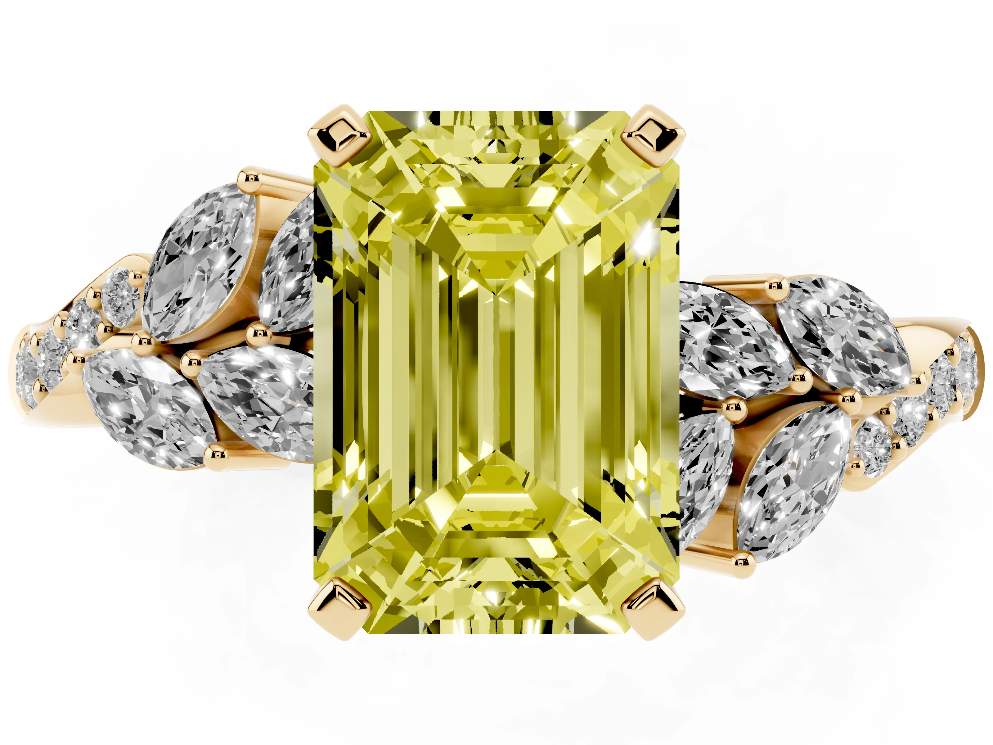 Fancy Yellow Emerald Cut Diamond Solitaire Ring Set in Yellow gold with Marquise Twist Band and Prong Setting