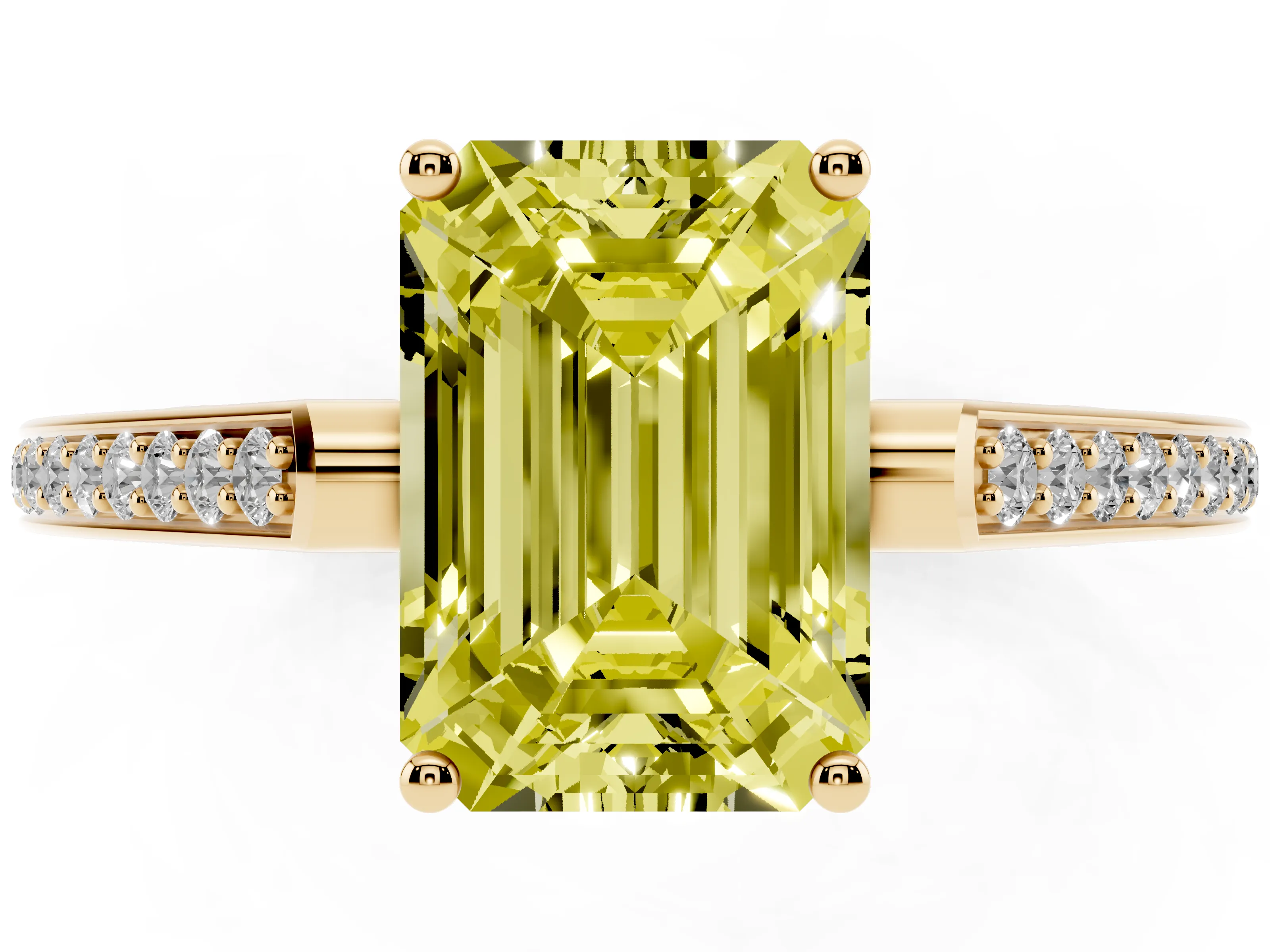 Fancy Yellow Emerald Cut Diamond Cathedral Pavé Engagement Ring Set in Yellow gold with Prong Setting